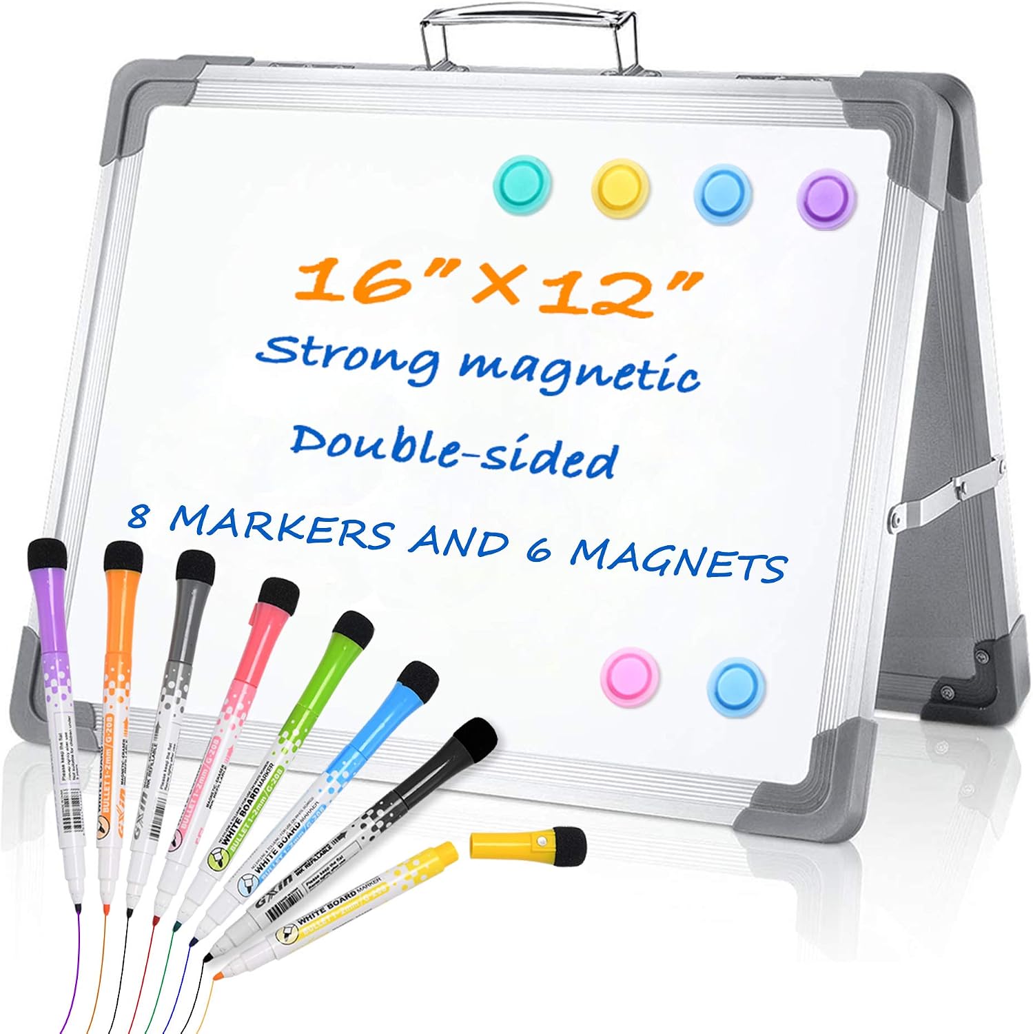 Grope Magnetic Small Dry Erase White Board 16 inches x 12 inches, Foldable Double Sided Mini Whiteboard for Kids, Includes 8 Color Dry Erase Markers, 6 Magnets（15 Pieces）
