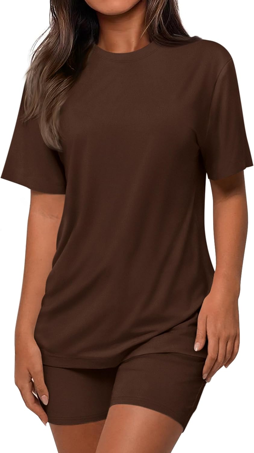 Women's Two Piece Matching Lounge Sets Summer Casual Tops Short Sleeve Shirts Shorts 2026 Travel Airport Outfits (Brown,Small)