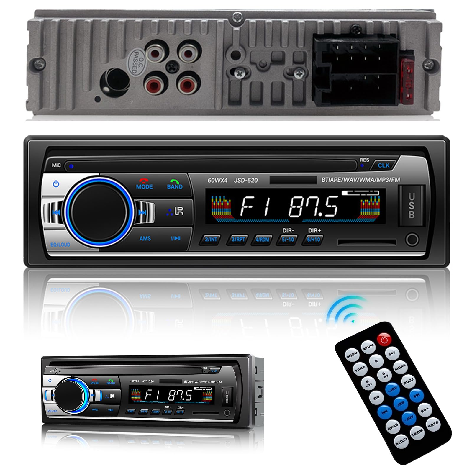Souvik Radio samochodowe Bluetooth 5.0, radio samochodowe z zestawem głośnomówiącym, z odtwarzaczem USB/AUX/TF/EQ/MP3, z zegarem/pilotem, ekranem LED, szybkie ładowanie, 5 efektów dźwiękowych