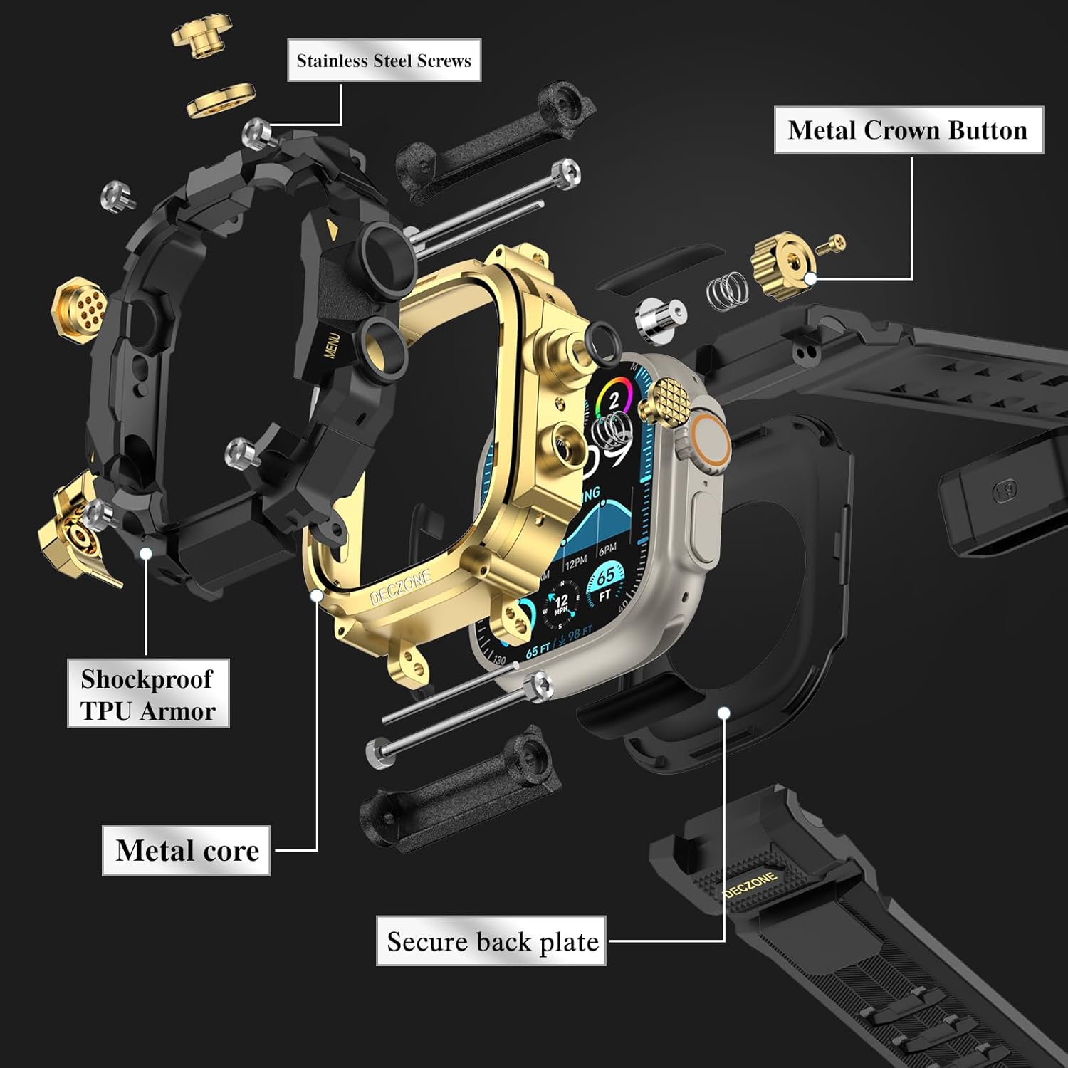 Band with Rugged Case Compatible with Apple Watch Bands 49mm (Ultra 3/2/1), Sport iwatch Bands Protective Bumper Cover for Men (49mm Gold)