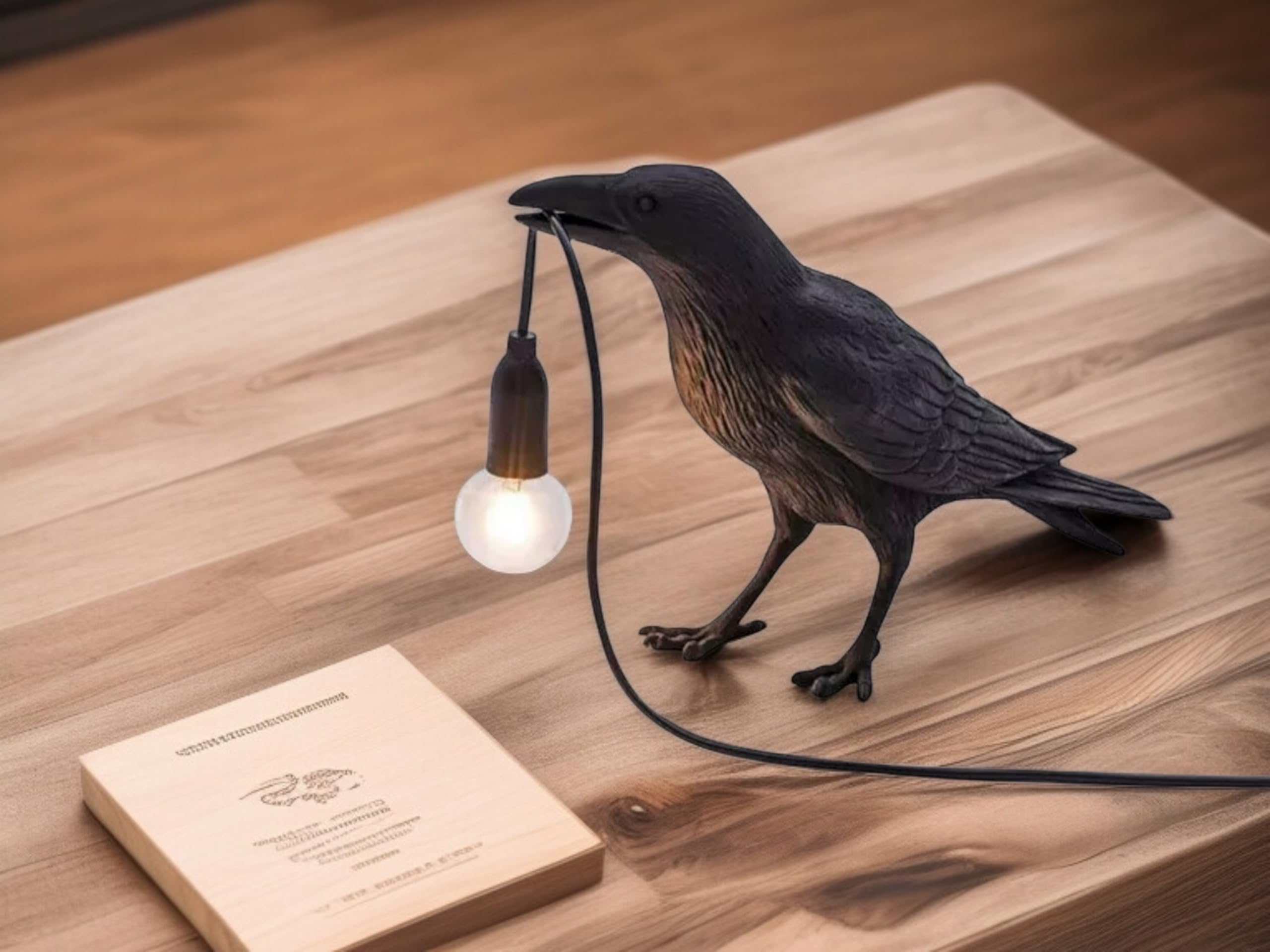 Bird Table Lamp, Black Resin Crow LED Desk Lamp with E27 Base, Modern Table Bird Light, Creative Plug in Cord Raven Stand Art Decor Lamps for Bedroom, Office, Home, Living Room Decoration