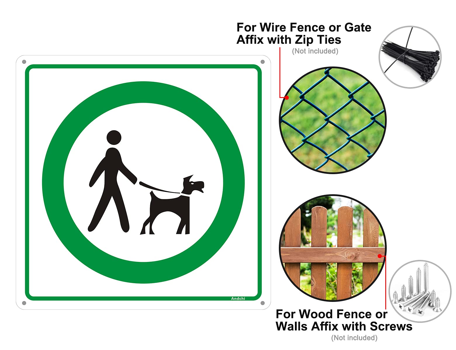 Andchi 2 pezzi cartelli Tieni il cane al guinzaglio per tenere i cani al guinzaglio cartello, cartello rettangolare in metallo e alluminio, dimensioni 300 x300 mm