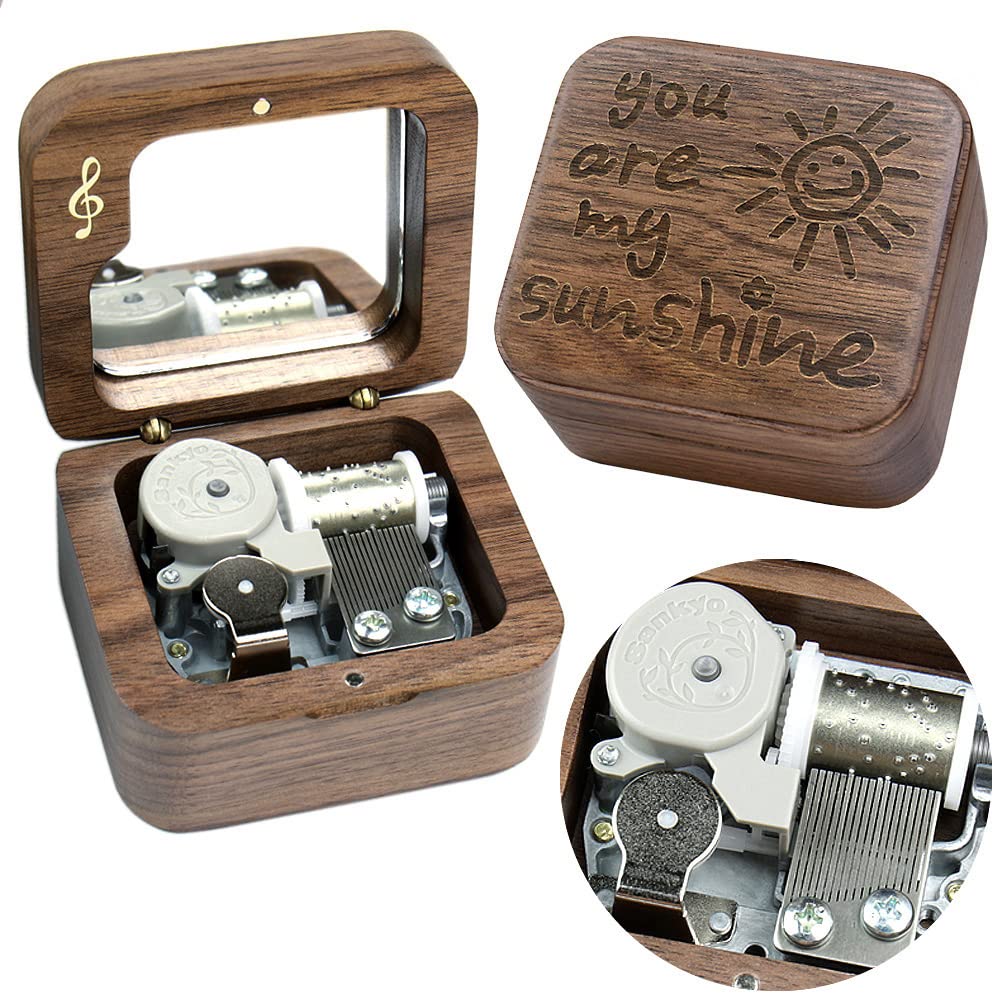 Sinzyo You are My Sunshine Walnut Music Box Vintage Wood Carved Wind Up Musical Box Gift For Christmas,Birthday,Valentine's Day