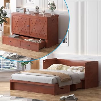 Murphy Bed, Queen Hidden Cabinet Bed with Built-in USB Charging Station and 2 Storage Drawers, Murphy Wall Beds Cabinet Beds for Living Room, Guest Room, Apartment, Brown No Mattress