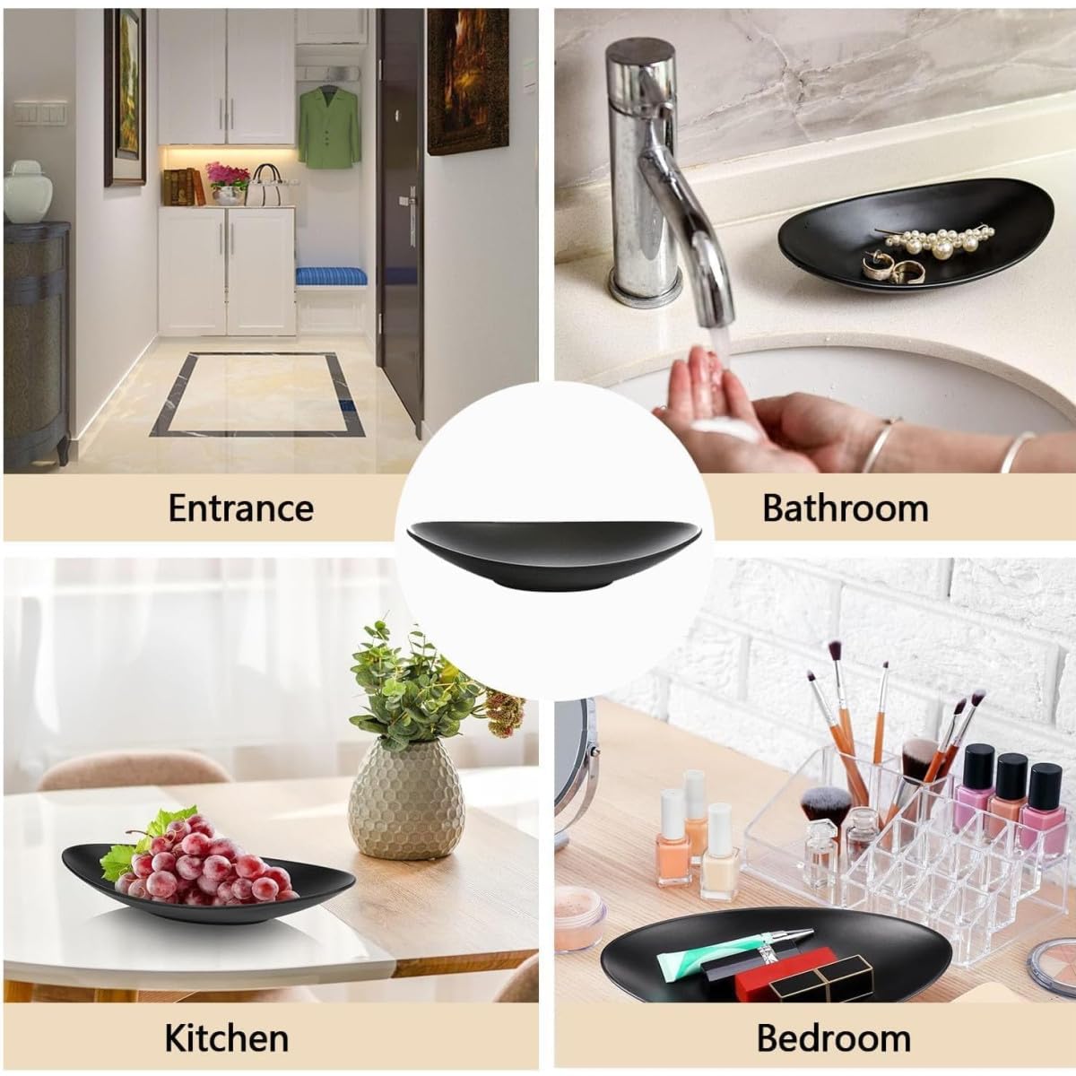 Bandeja Ovalada para Llaves y Joyas, Cuenco Decorativo para Monedas y Accesorios, Organizador de Mesa de Entrada, Bandeja Decorativa para Pasillo para Decoración del Hogar,negro