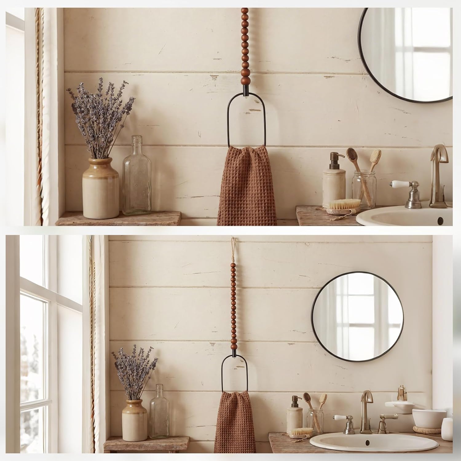 LemonRoad 2 Pcs Boho Towel Ring Holder Rustic Wooden Bead Hand Towel Holder Wall Mounted Bathroom Accessories Farmhouse Decor for Bathroom Wall 22 Inch