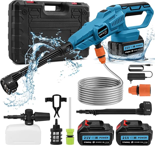 wowspeed Akku Hochdruckreiniger, 120 Bar Mobiler Hochdruck Wasserpistole mit 2 Akku, 6-in-1-Multifunktionsdüse,180° Drehbare Düse, 3 Einstellstufen, 5M Schlauch, Filterkessel, für Autos,Terrasse,Fenster — Hochdruckreiniger