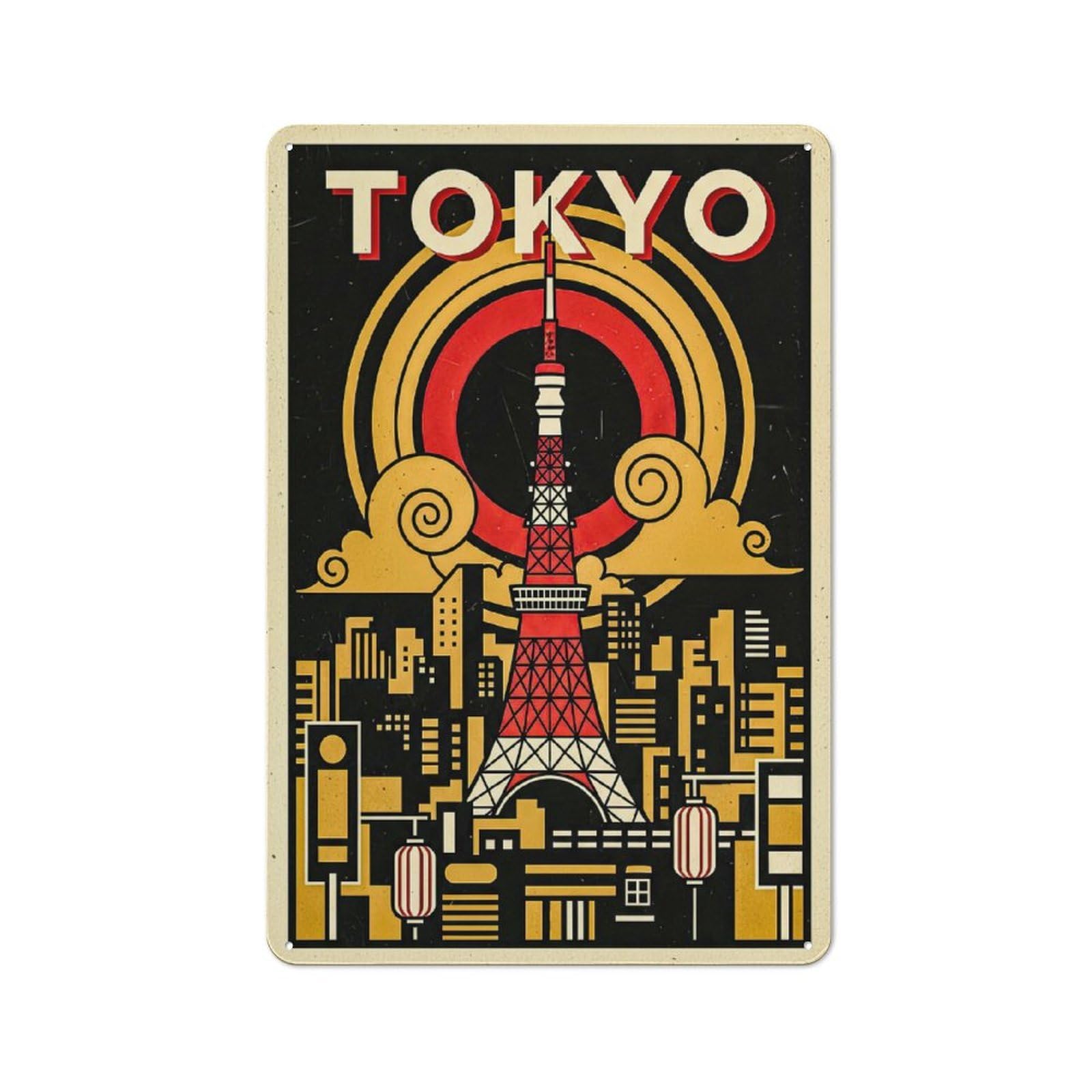 Creative Tokyo Tower Cityscape Vintage Tin Sign 30x20cm, Study Room Decor for Workspace, Cafe, Shop Or Desk Area