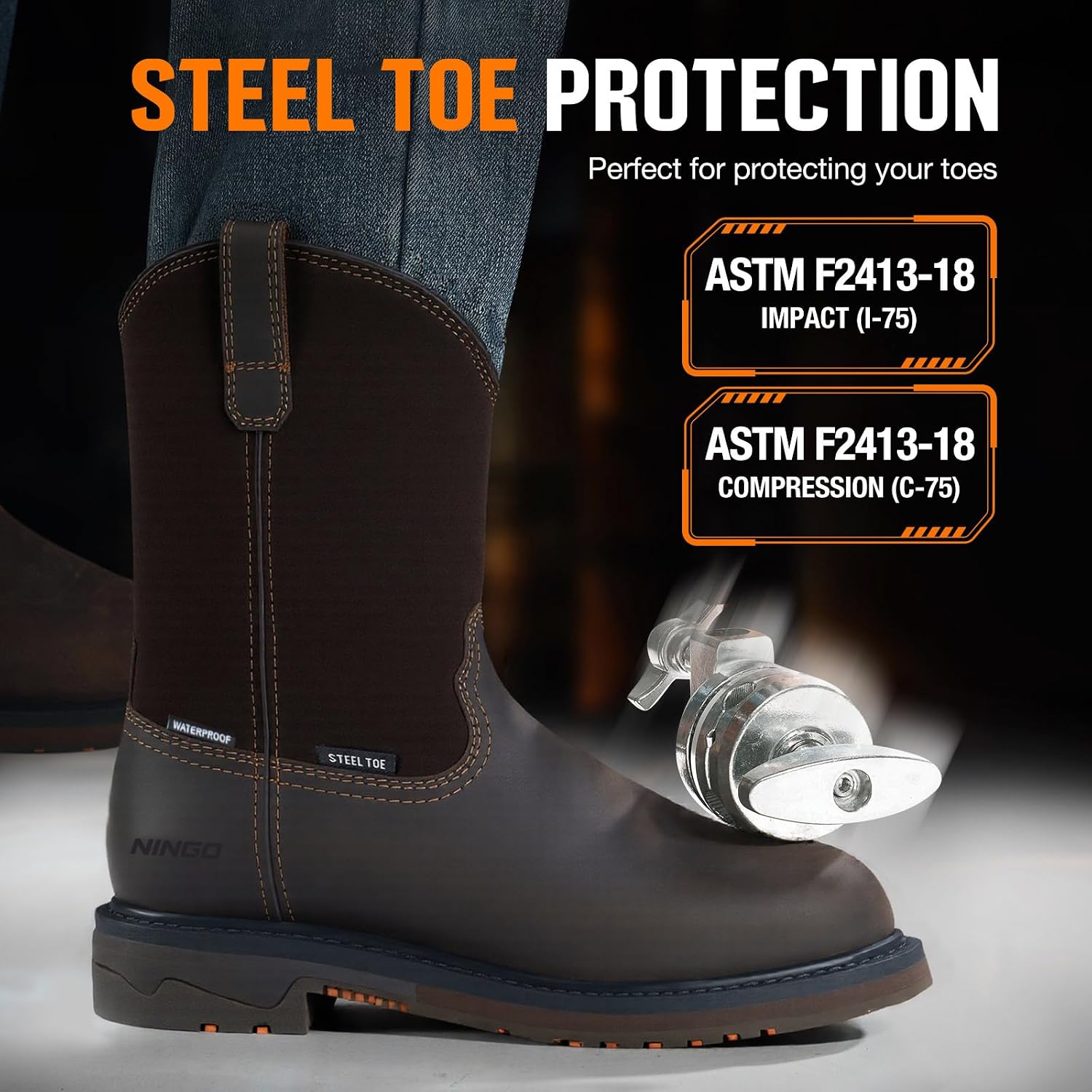 NINGO Men's Steel Toe Work Boots, Waterproof Wellington Boots with Full Grain Leather, Pull-On Design Non Slip Work Shoes, EH Protection for Industrial, Agriculture