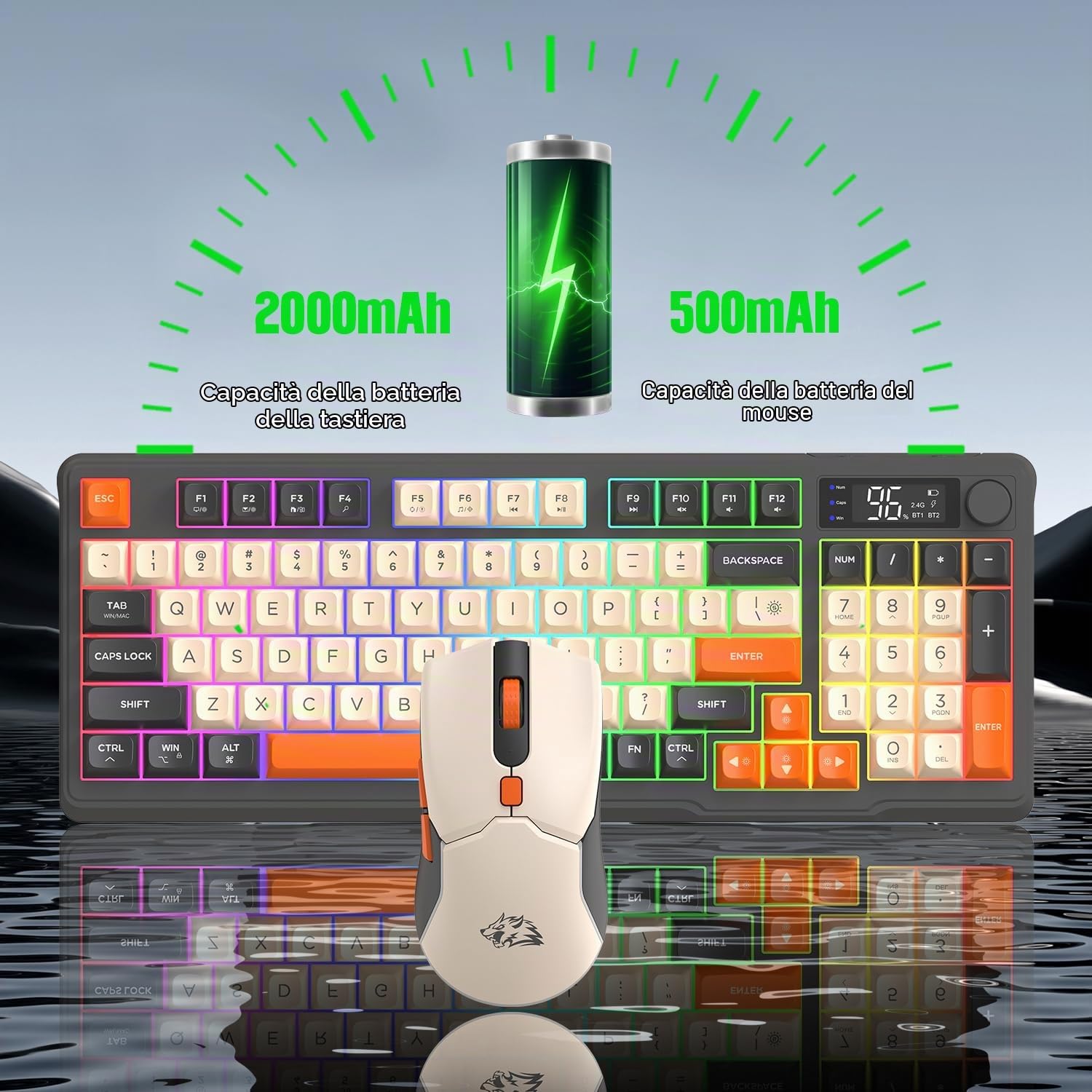 ZIYOU LANG×FREEWOLF T96 Set Tastiera Mouse e Gioco Wireless, BT/2.4GHz Dual-Mode, Display e Manopola Intelligenti, Retroilluminazione Arcobaleno, Tastiera QWERTY Ricaricabile e mouse PC - Luccichio