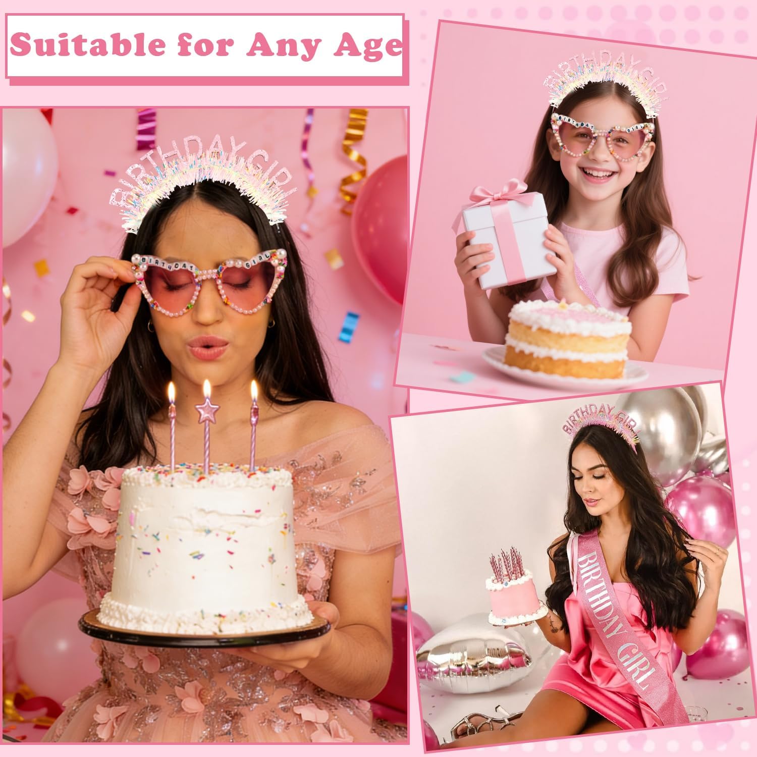 Birthday Girl Sash Glitter Headband Tiara Crown Sunglasses Pink Happy Birthday Decorations Party Favors Accessories for Adult Women Princess Outfits Gifts - Image 2