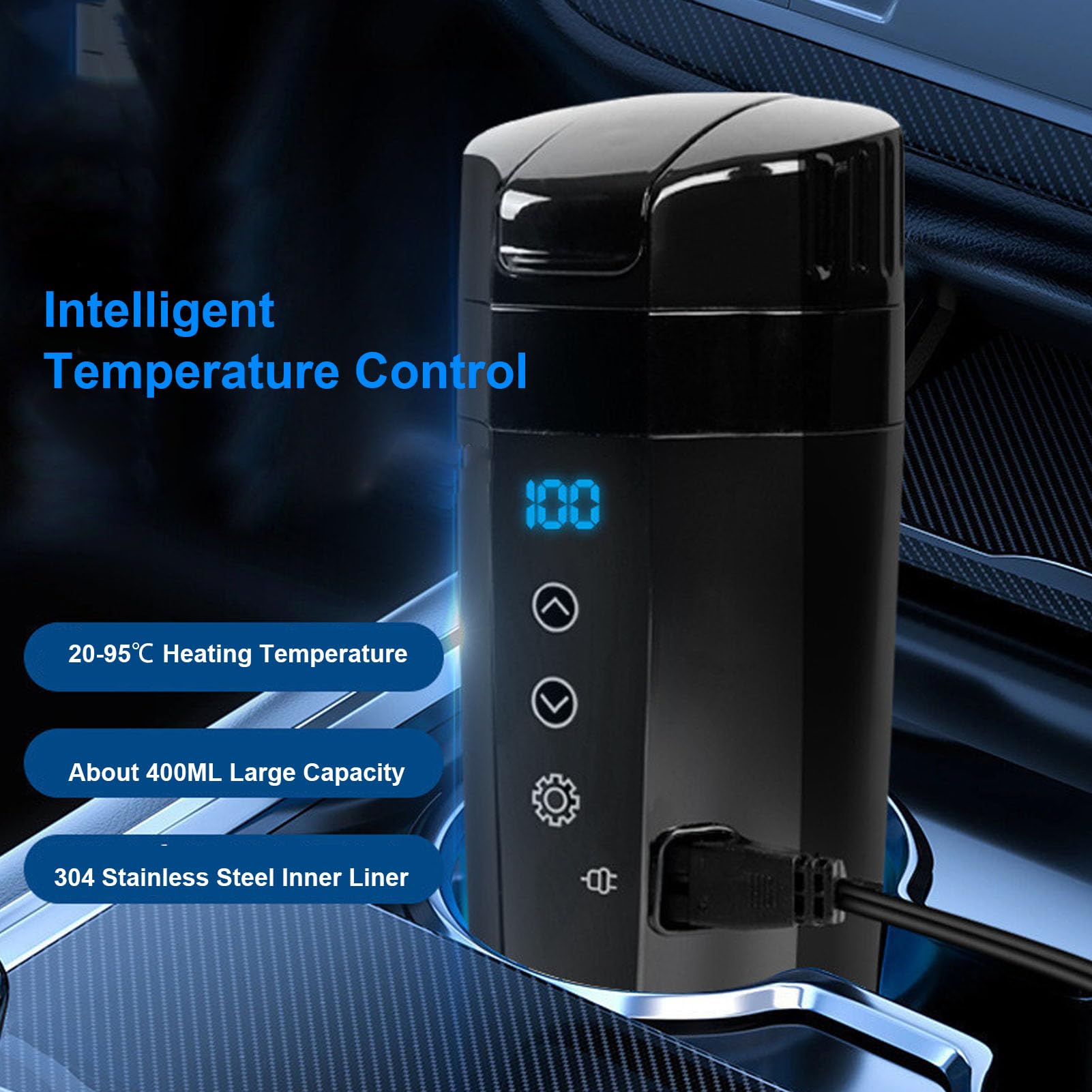 400ML Taza Eléctrica Calefactable, Taza de Auto de Acero Inoxidable 304 con Pantalla LED y Control de Temperatura, para Viajes Oficina Camión SUV