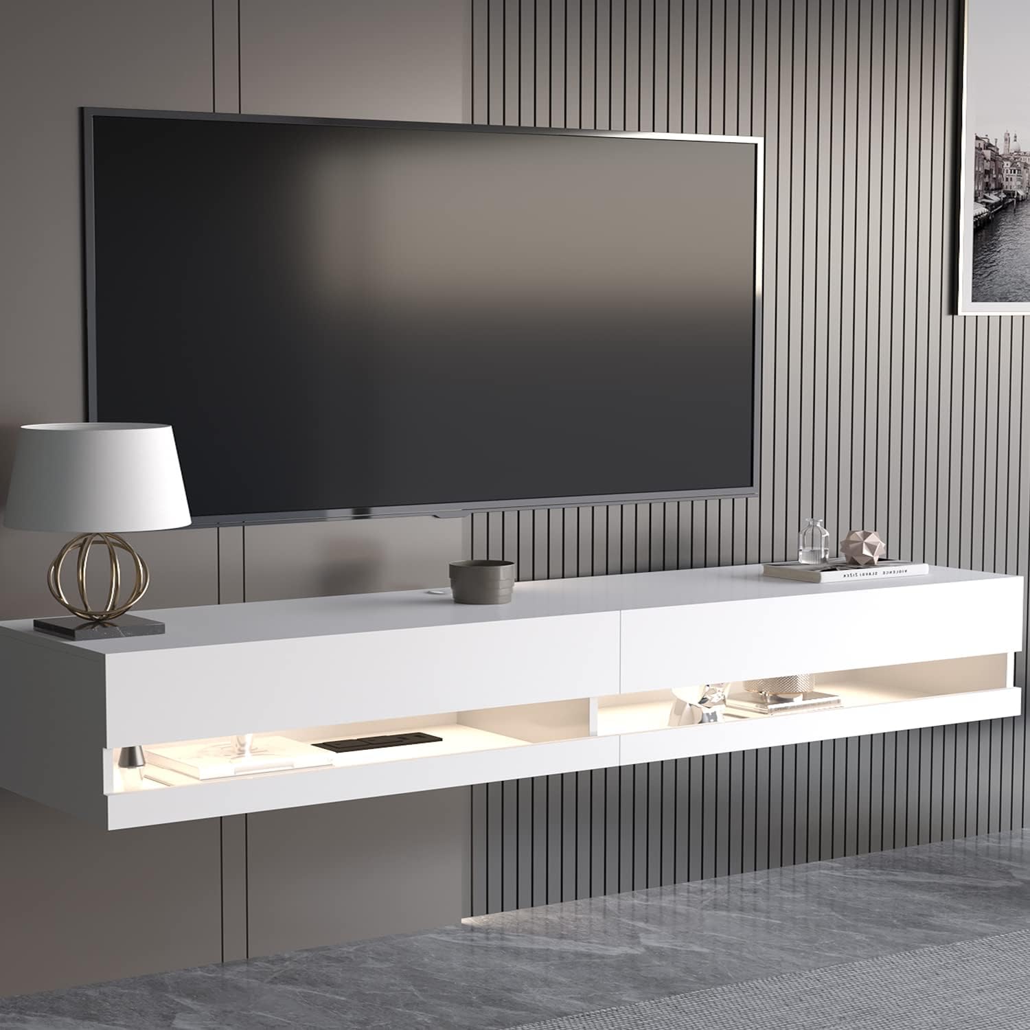 SUSSURRO Floating TV Stand Wall Mounted with LED Lights and Power Outlets, 71'' Modern High Gloss Entertainment Center for 85 inch TVs, Media Console Hanging TV Shelf for Living Room? White