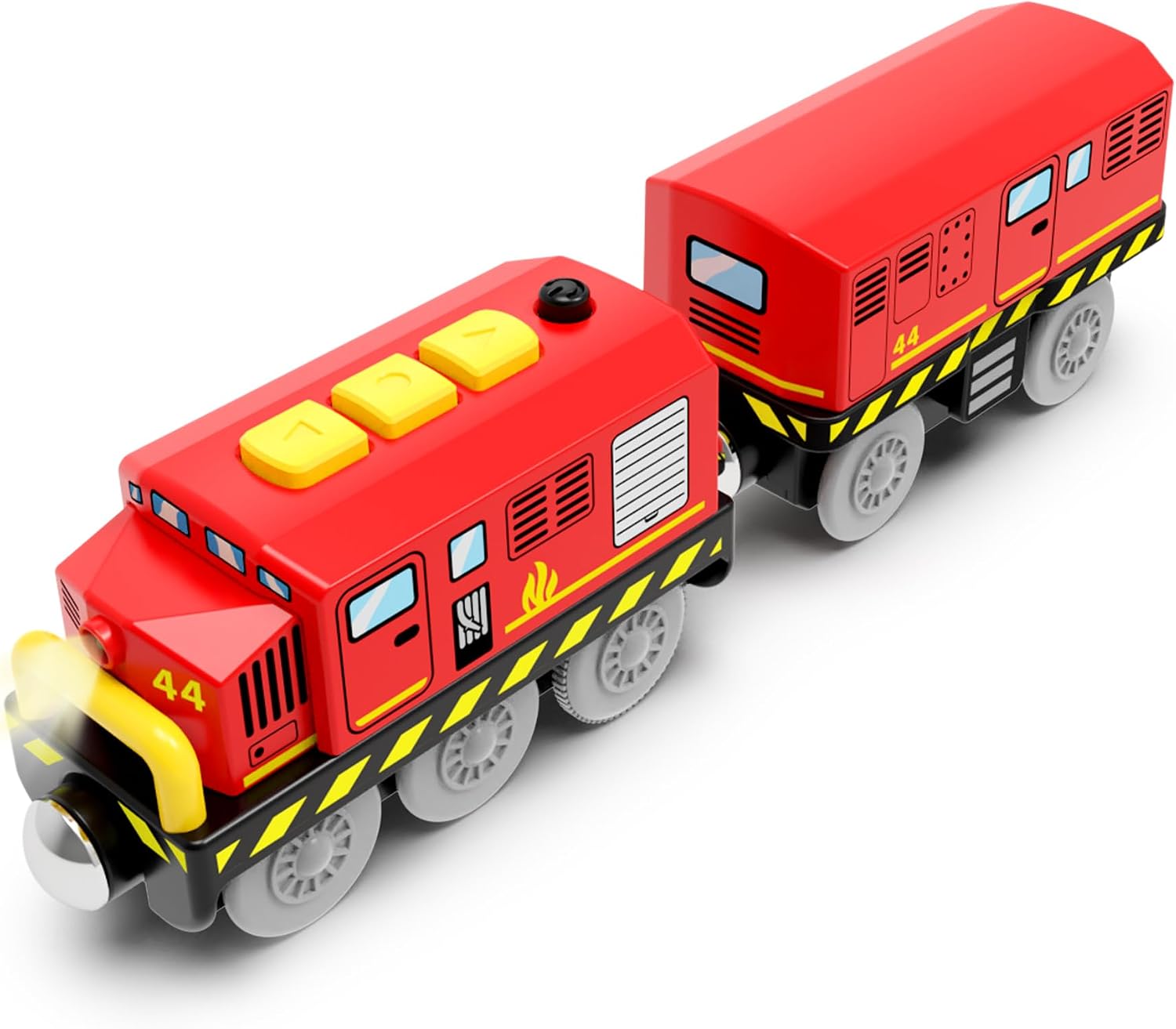 Battery Powered Locomotive Train Toy for Wooden Track, Motorized Fire Truck Car with Light&Sound Fit for Brio Train Railway Gift for Toddlers Boys Girls