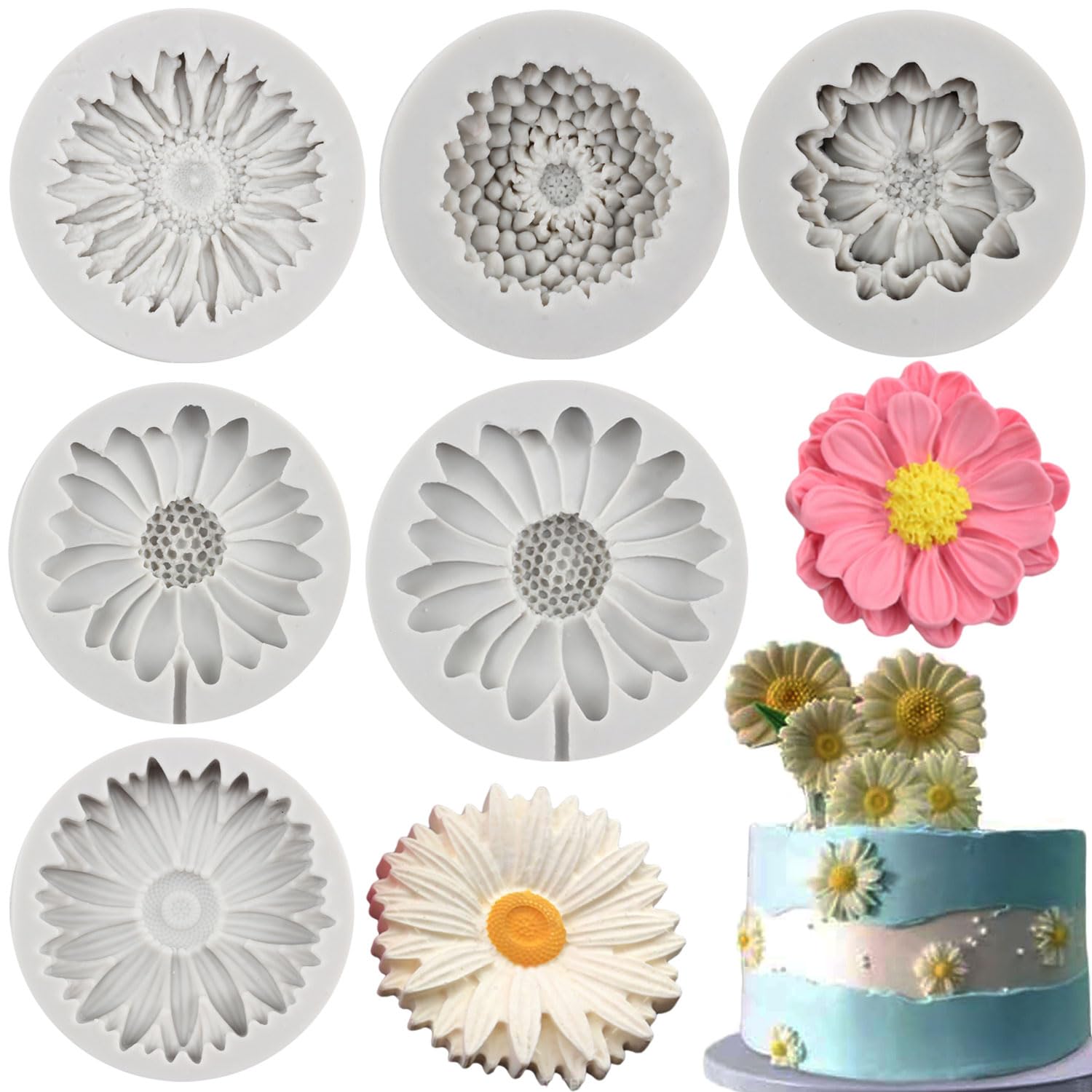 MYPRACS Chrysanthemum Flower Silicone Mould Flower Fondant Cake Baking Moulds Chocolate Candy Mould for Cake Decorating Cupcake Topper Gum Paste Polymer Clay Set of 6