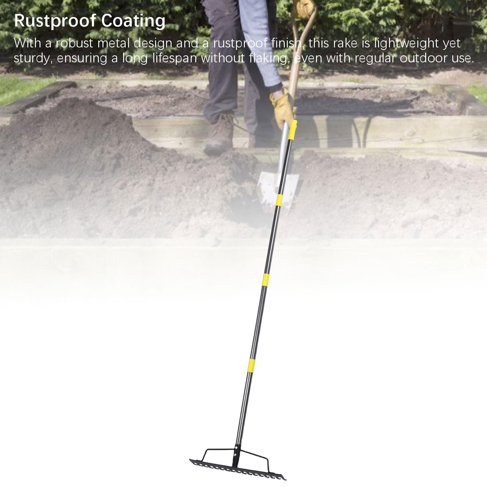 Spaten, Metallwerkzeug zum Ebnen und Entfernen von Rasenfilz, 165 cm Verstellbarer Griff für Garten und Camping, Gartenrechen mit 16 Zinken