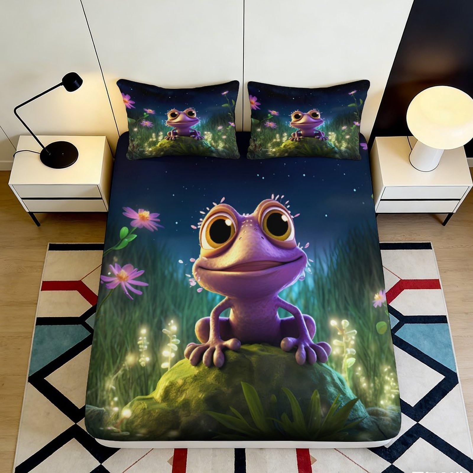Pnayamiorkfel Style-2 3D Printed Purple Cartoon Frog Fitted Sheet Microfiber Soft Bed Cover For Bedroom Dorm Room Mattress Protection Decor 90X200x25cm