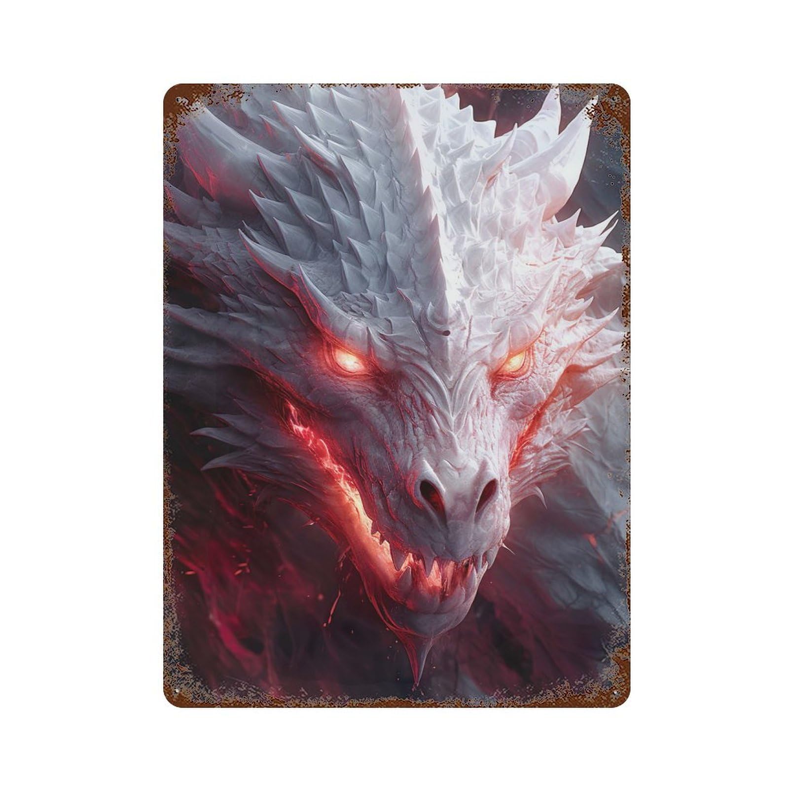 Mystical White Dragon Aged Metal Wall Plaque 15.7"x11.8", for Living Room, Hallway And Home Decor, Shabby Chic Decor