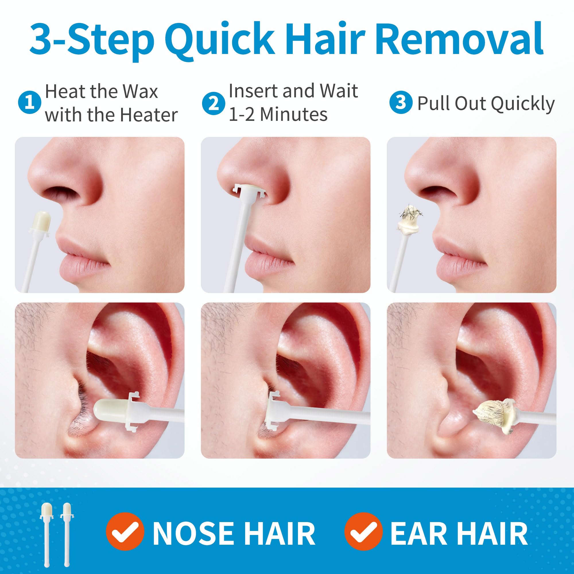 Beauty7 Nose and Ear Wax Kit, 26 Bastoncini di Cera Preconfezionati Pronti all'uso, Scaldacera USB Portatile, Kit per Depilazione di Viso, Orecchie e Naso, Facile da Usare, Sicuro e Naturale