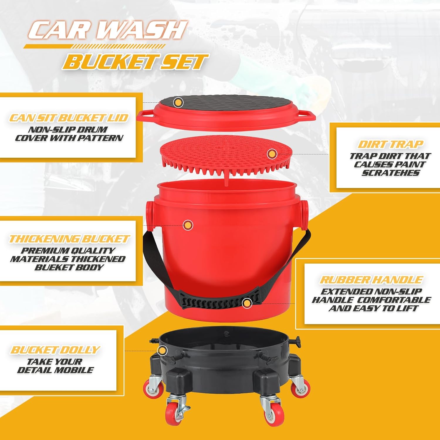 Magshion Bucket Dolly for Car Washing and Detailing, Rolling Car Wash Bucket with Swivel Caster and Dirt Trap for Home Garage, Load up to 300 Lbs (Red)