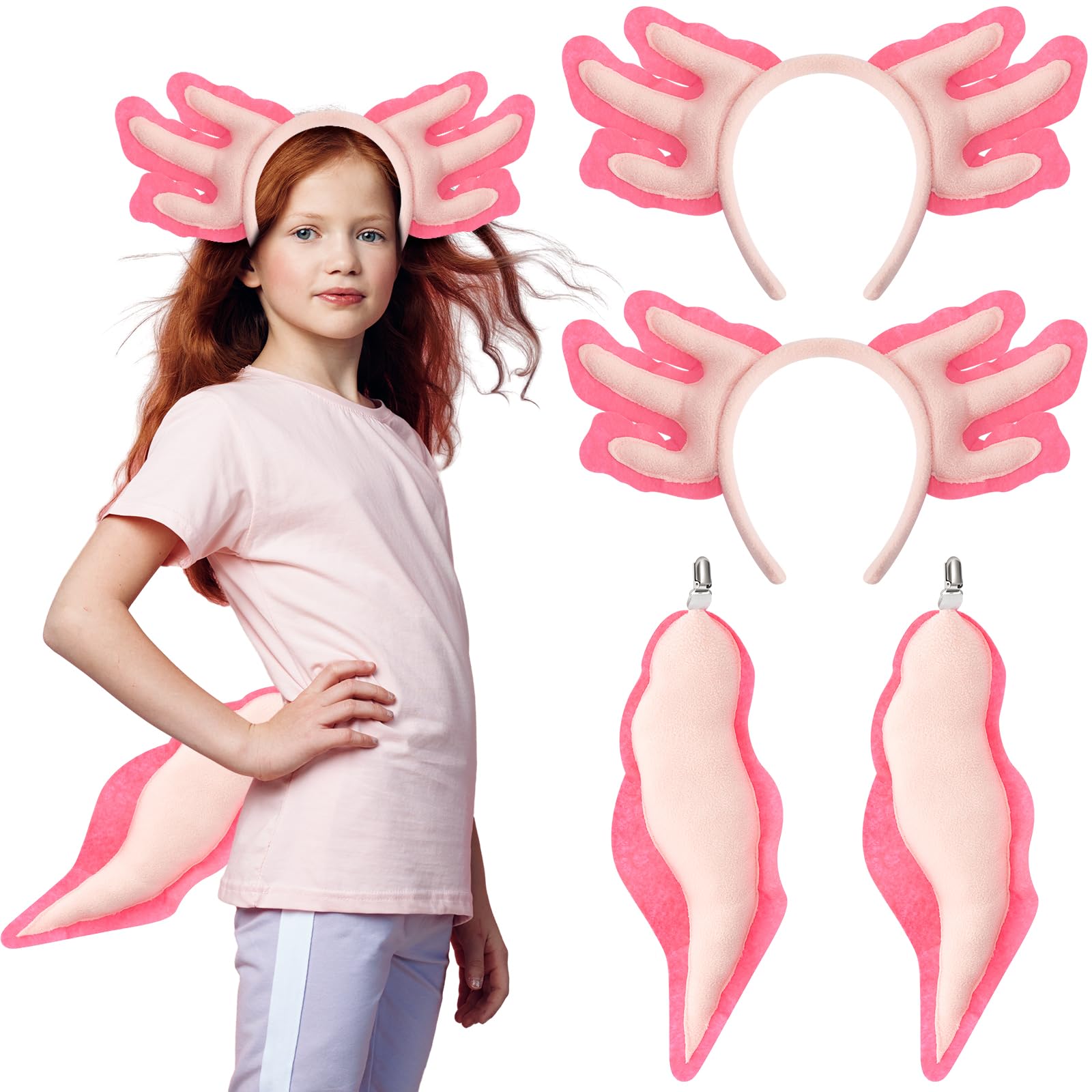 Maysing2 Set Axolotl Plush Toys Axolotl Costume Animal Headband with Tail Axolotl Dress for Girls and Boys Cosplay Party