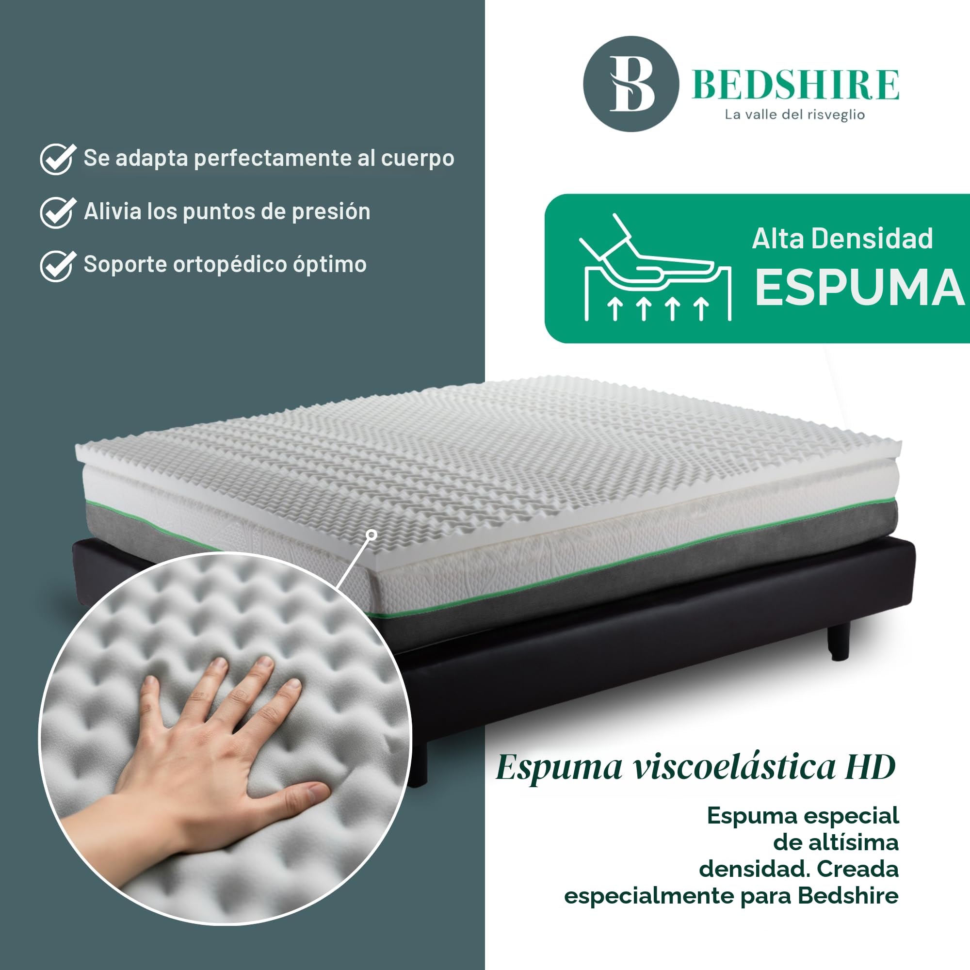 Bedshire Sobrecolchón Matrimoniale de 180x190 cm, Topper con Espuma viscoelástica Memoria de 6 cm de Alto con Revestimiento extraíble, ortopédico, Fabricado en Italia 100%