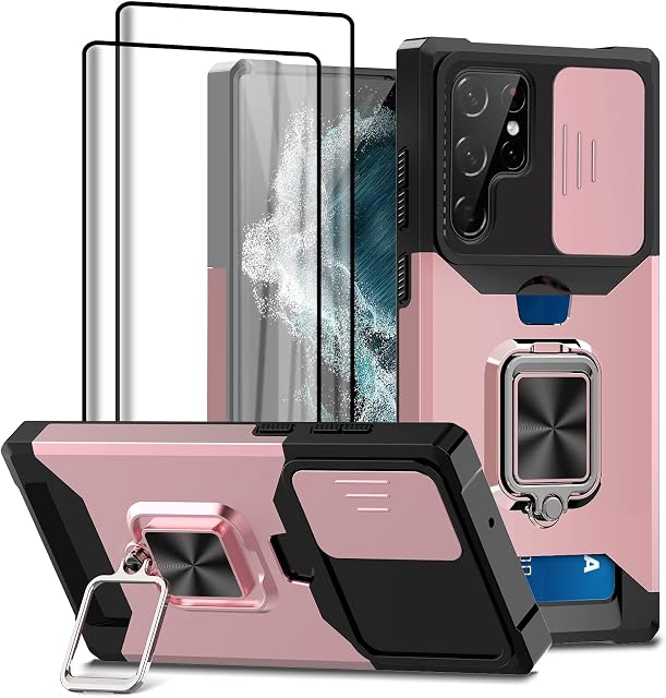 Jusy Wallet Case for Samsung S22 Ultra & 2 Screen Protectors, with Sliding Camera Cover, Card Holder Slot and Magnetic Kickstand Ring, Heavy Duty Case Military Grade Cover (Rose Gold)