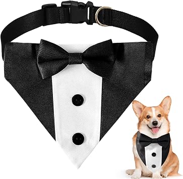 Dog Tuxedo Bandana Collar with Bow Tie, Adjustable Formal Suit Costume for Small Medium Large Dogs, Wedding Engagement Birthday Pet Outfit Medium