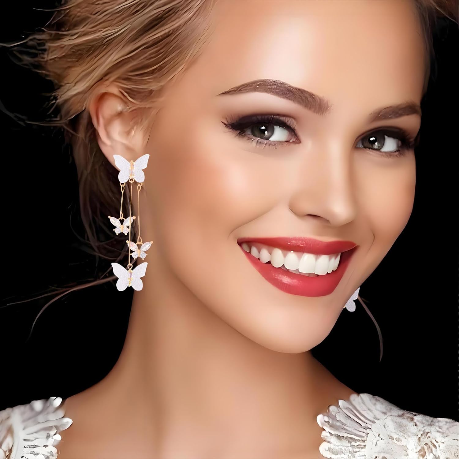 Butterfly Earrings for Women Sparkle Crystal Rhinestone Purple Butterfly Dangle Drop Earrings Long Crystal Butterfly Tassel Earrings Purple Earrings Wedding Jewelry for Singer Fans Costume Outfits Gifts - Image 2