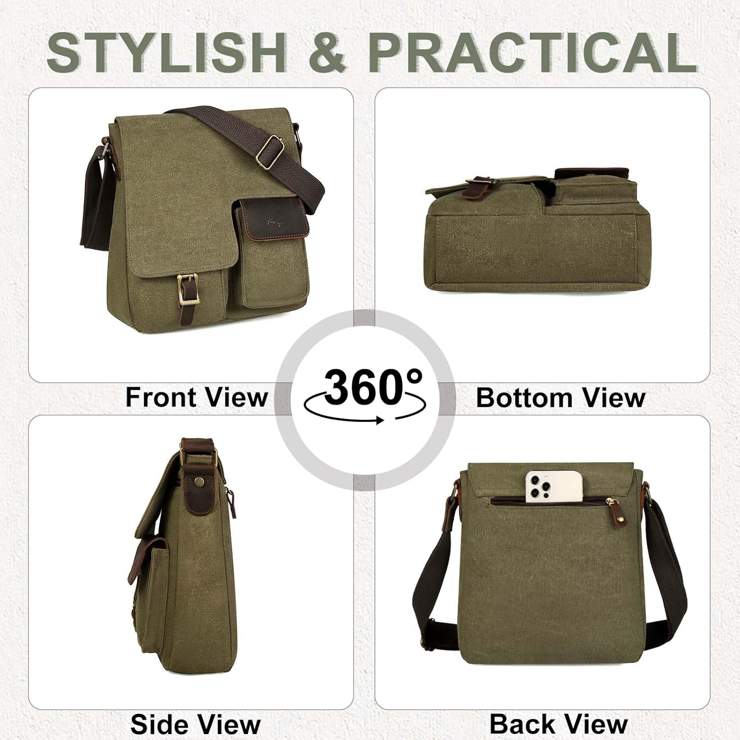 Kasqo Small Messenger Bag, Canvas Leather Crossbody Bag for Men Water Resistant Women Shoulder Bag Purse for Work Business