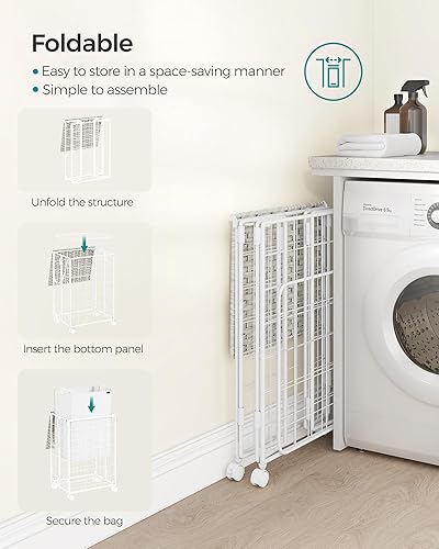 Miniatura 6 de SONGMICS Cesta para la ropa sucia, cesta de lavandería de 110 litros con ruedas, cesta de ropa de 2 secciones con tapa de ratón, bolsa plegable