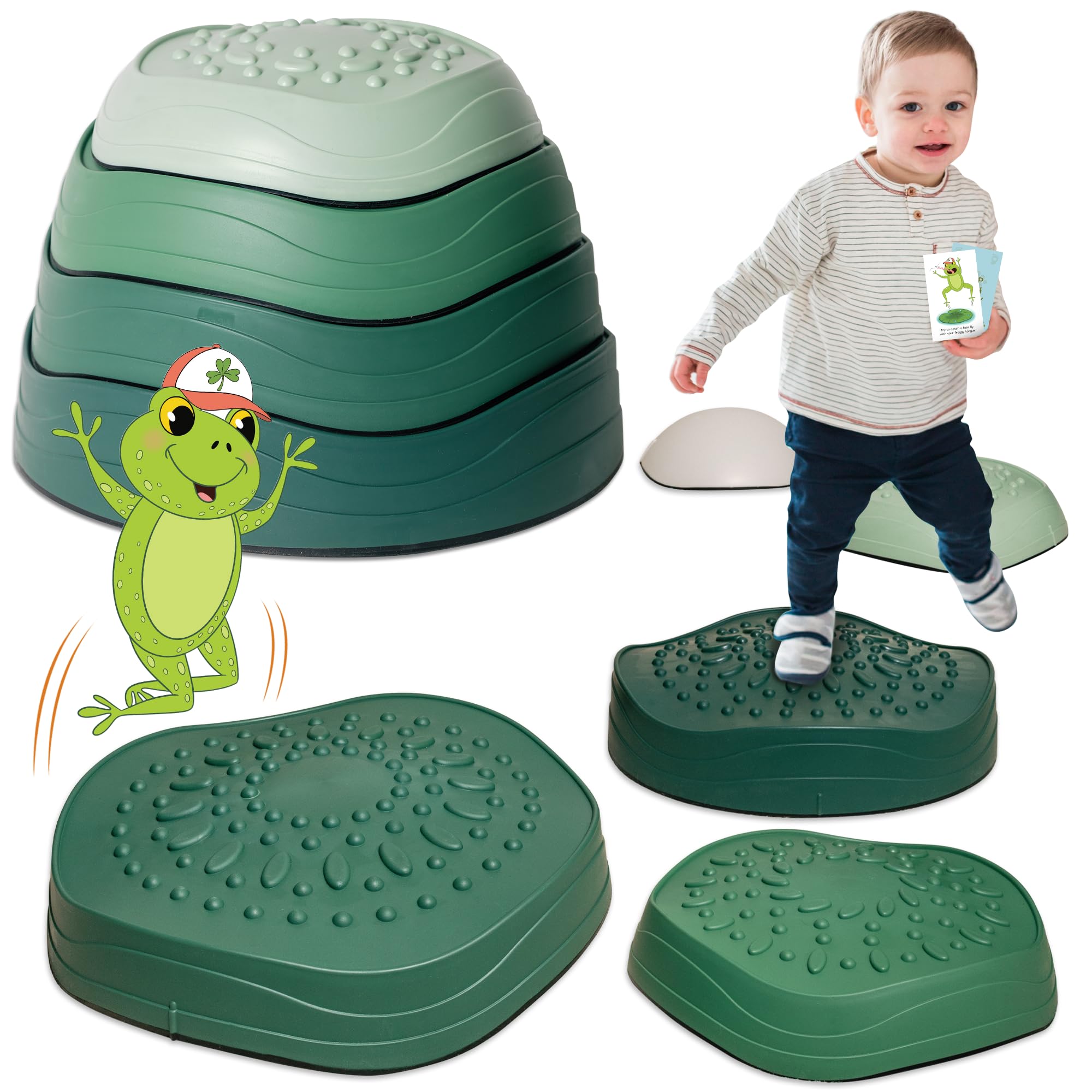 LEAP WITH LUCKY Balance Stepping Stones for Kids (5 Pcs) - Froggy Lily-Pad Textured Stepping Stone for Toddlers with Anti-Slip Base & Maximum Grip | Indoor & Outdoor Learning Sensory Toys for Kids