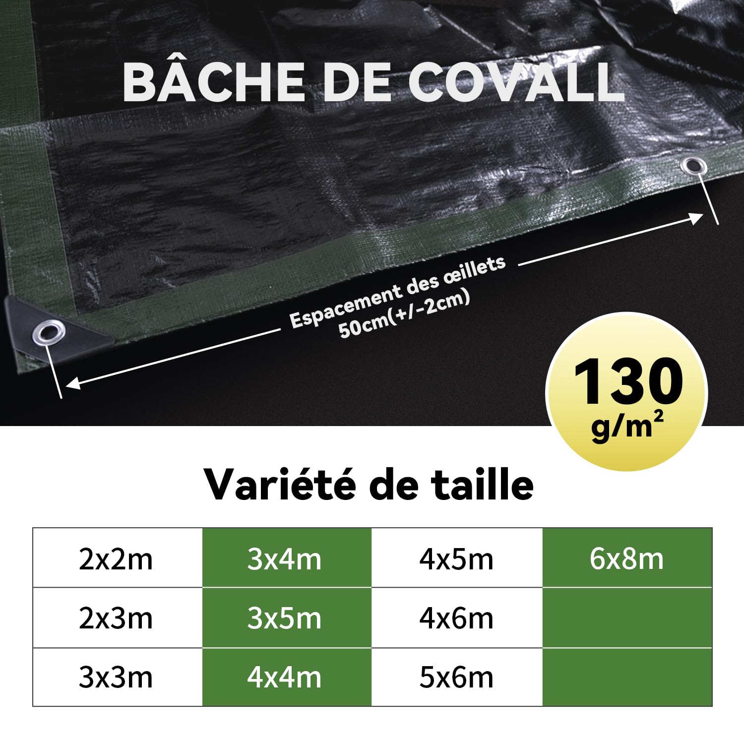 bâche Moyenne Camping Sol Tapis 4x6m 130g/m² (Vert Armée/Noir) Tente Résistante aux UV Couverture Extérieure Piscine Toit Bac à Sable Bateau RV Voiture Housse de Protection
