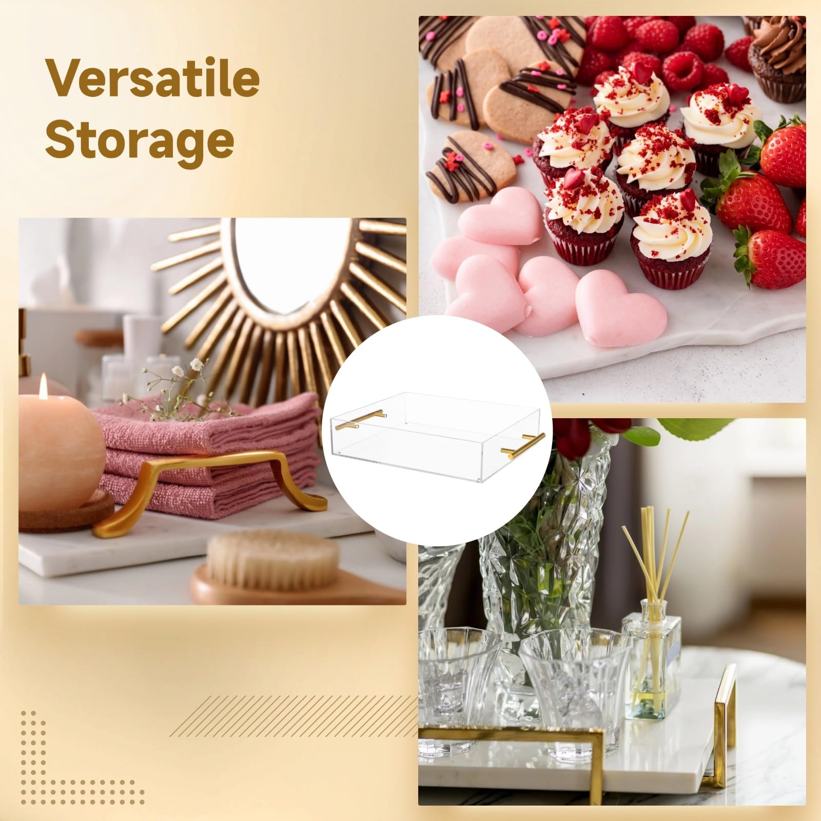 Vassoio da portata in acrilico trasparente con manico in metallo e tappetino magnetico, vassoio in acrilico trasparente da 30,5 x 25,4 cm, design a prova di fuoriuscite, perfetto per caffè, colazione