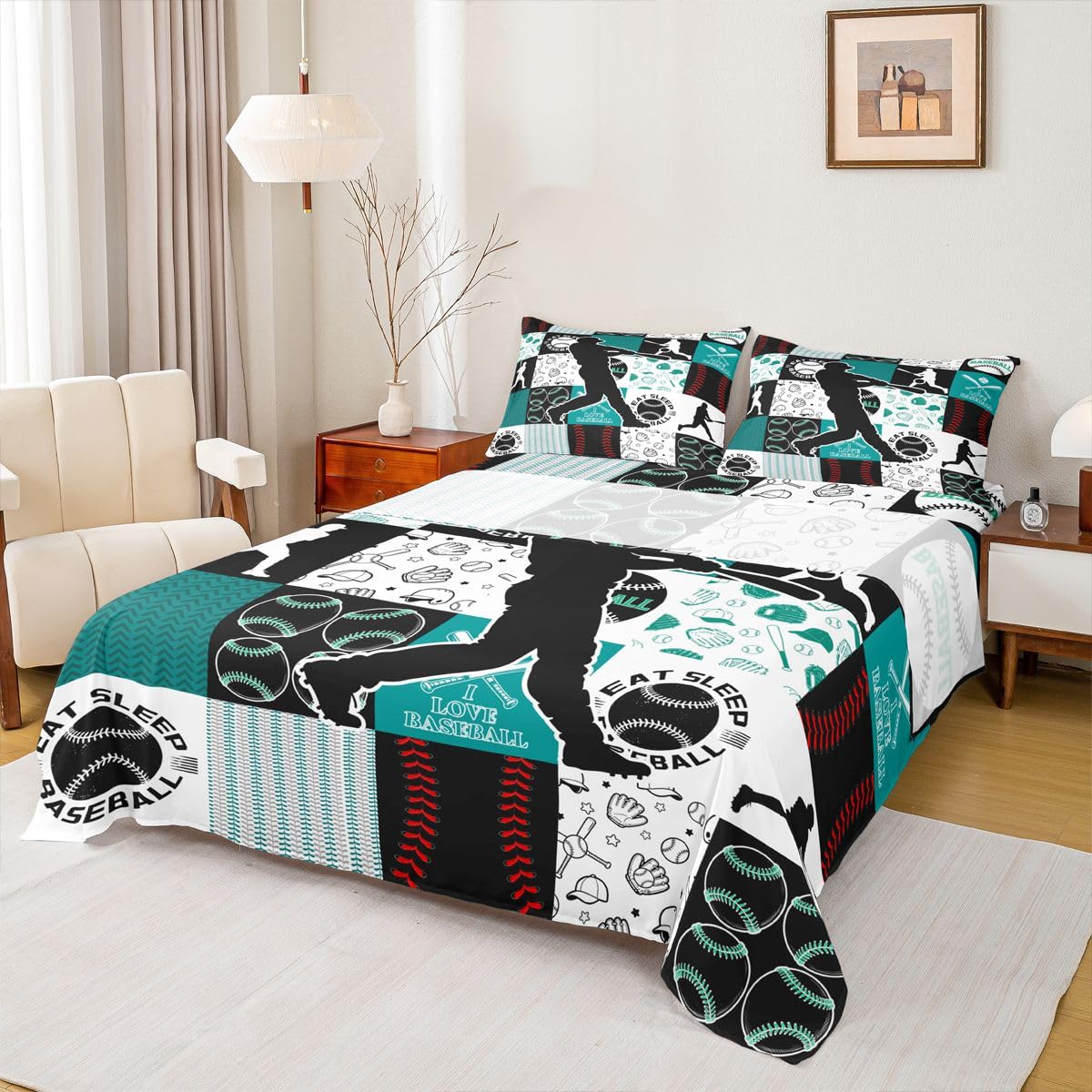 Castle Fairy Patchwork Baseball Fitted Sheet Set King Size 4 Pcs,Sports Geometric Grid Green Teens Sheets,Baseball Player Bedding Sets (1 Fitted,1 Flat,2 Pillowcases)