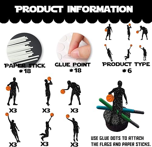 Miniatura 4 de 18 piezas de silueta negra con purpurina para postre, decoración para jugadores de baloncesto, decoración temática de escena, suministros de