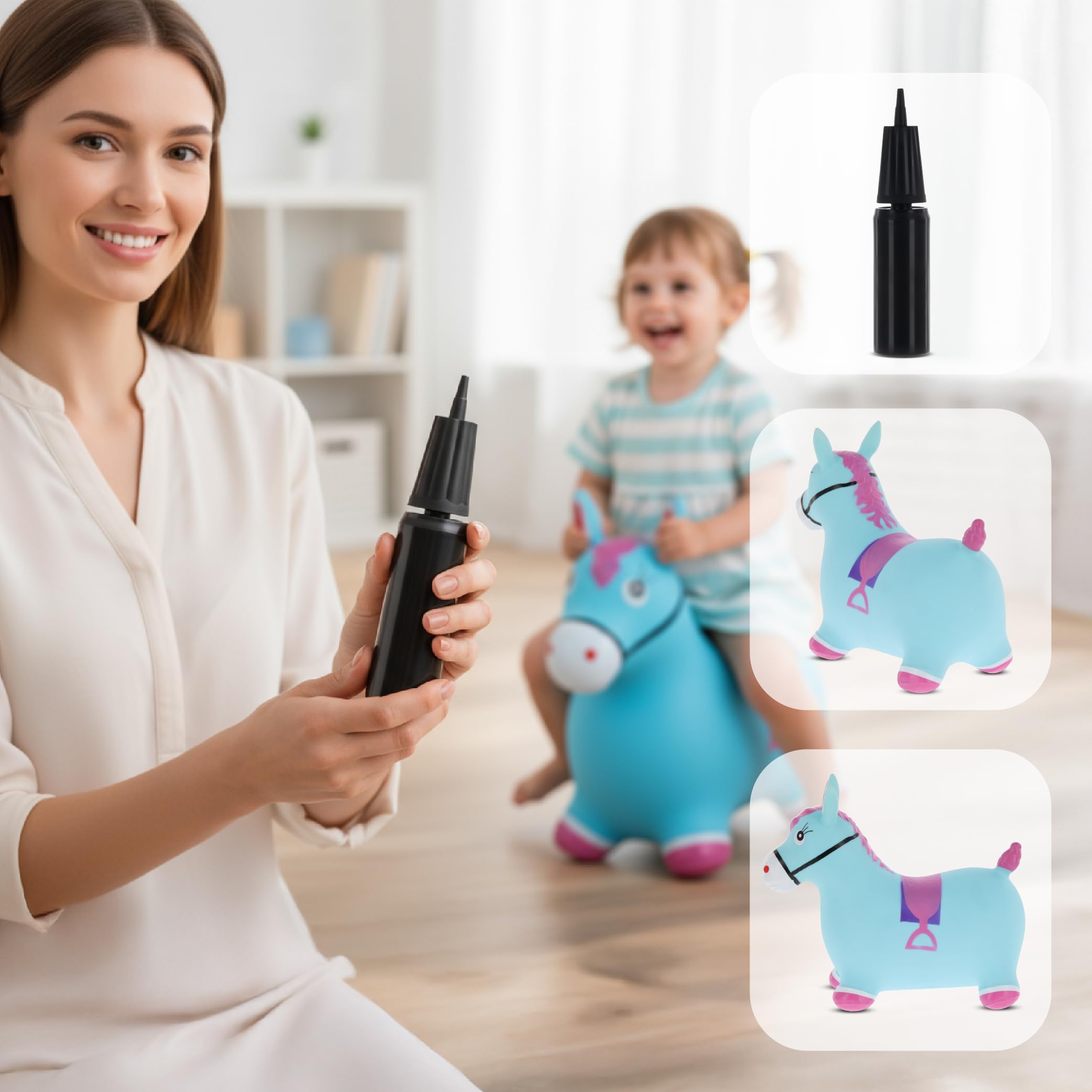 Sun Baby Animale gonfiabile che salta, giocattolo di 1 anno, saltarello per bambini, design ergonomico, cavallo giocattolo, pompa manuale inclusa (Cavallo blu)