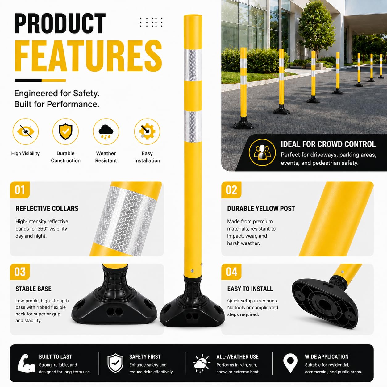 Lote de 8 postes de señalización flexibles de 91 cm – Resistente a impactos, autoenderezable y reflectante – Ideal para entradas, parkings y aceras (Amarillo)