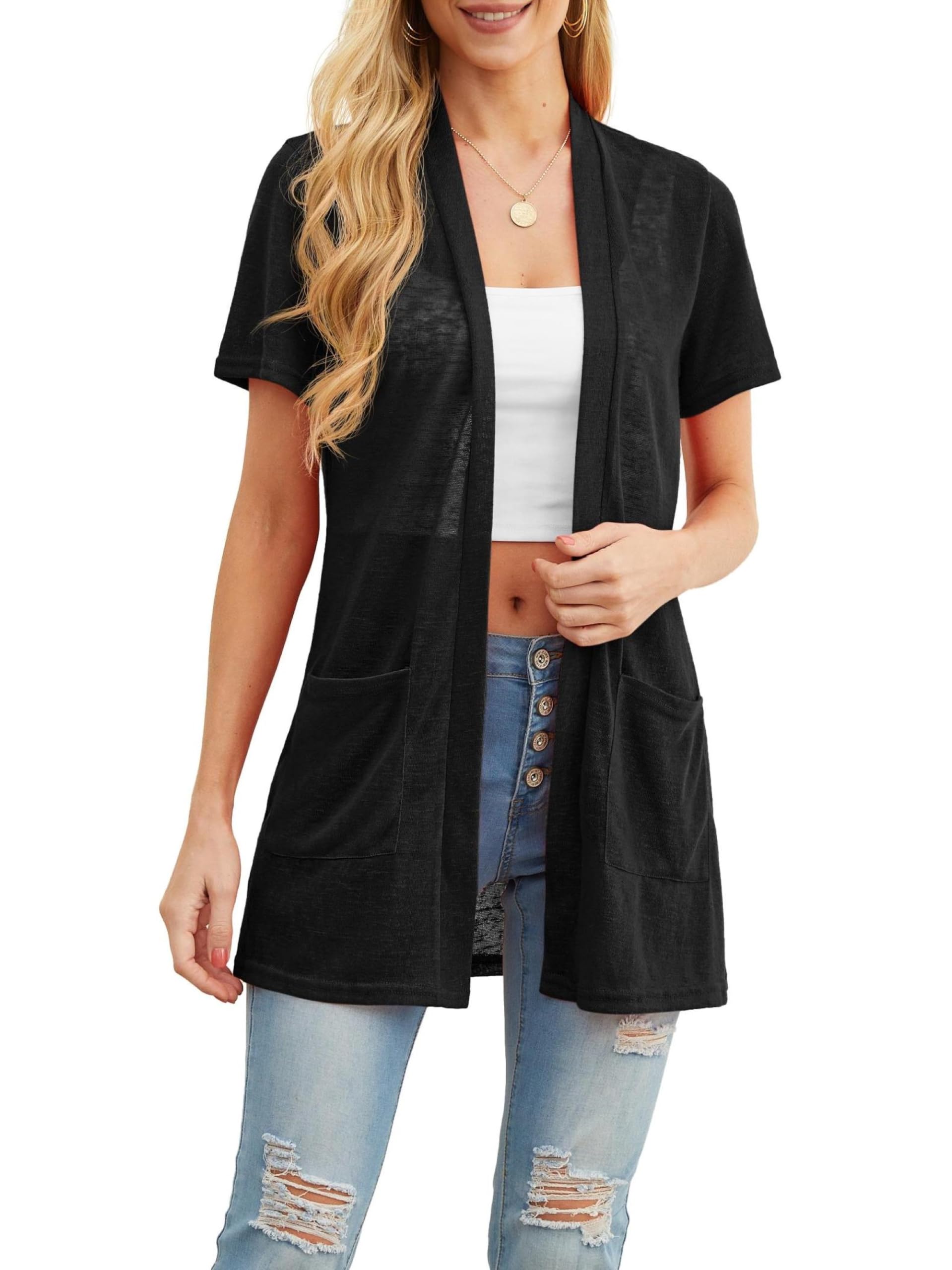 QIXING Cardigan estivo leggero da donna, protezione solare, traspirante, morbido cardigan a maniche corte, perfetto per notti estive, ufficio e appuntamenti