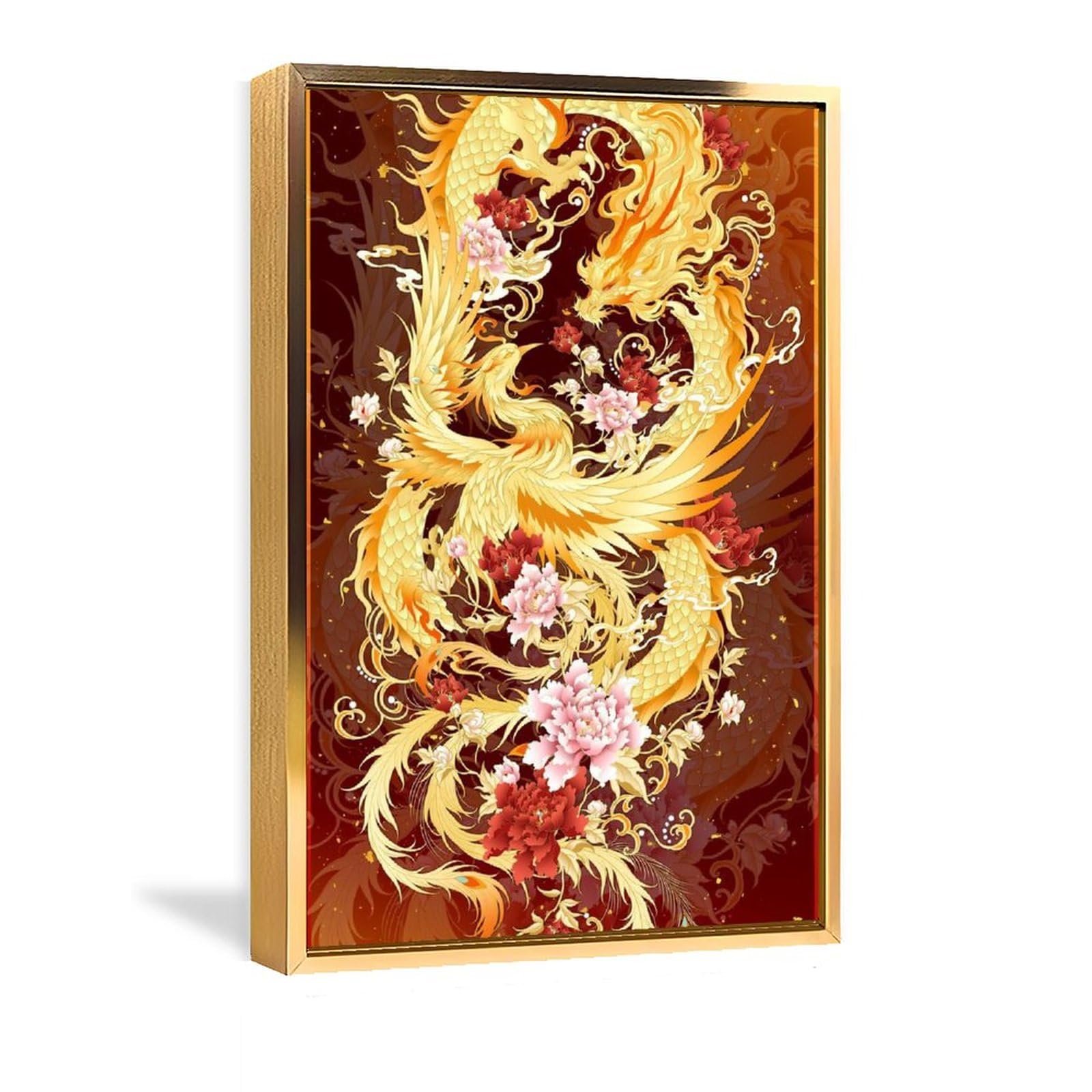 Amazon.co.jp: 絵画 龍と鳳凰が吉兆を演出インテリア 絵画 黄金の龍と