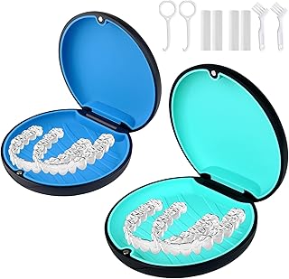 2 Pack Aligner and Retainer Case,Compatible with Invisalign,Mouthguard Case Kits, Portable Aligner Cases with Chew Remover Tool and Brush, Black(Blue+Cyan Silicone)