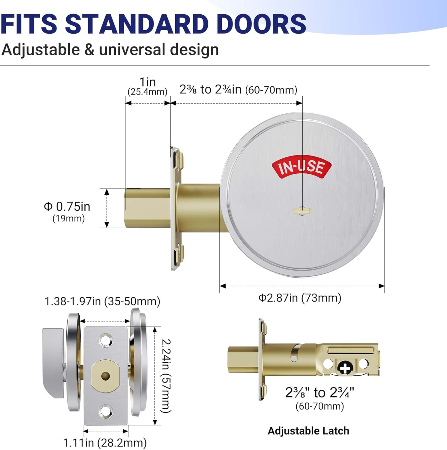 2 Kits Commercial Stainless Steel Occupied Deadbolt, Heavy Duty Vacant Occupied Bathroom Lock, Fits Door Thickness 1-3/8" to 2"| for Office, Restaurants, Gyms Restrooms