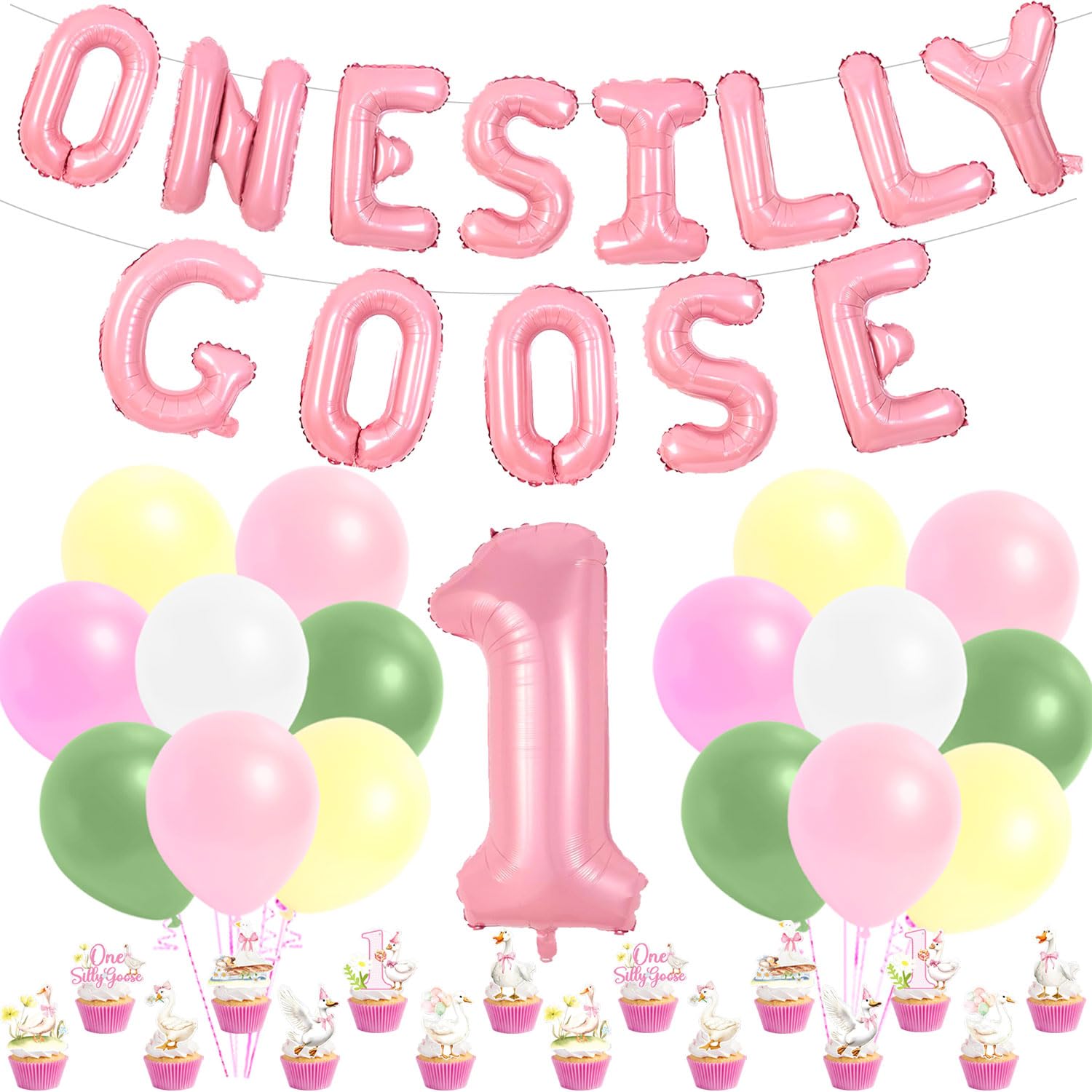 One Silly Goose 1st Birthday Party Decorations with One Foil Silly Goose Balloon Banner, Cake Topper, Latex Balloon, Number 1 Foil Ballon for Girls