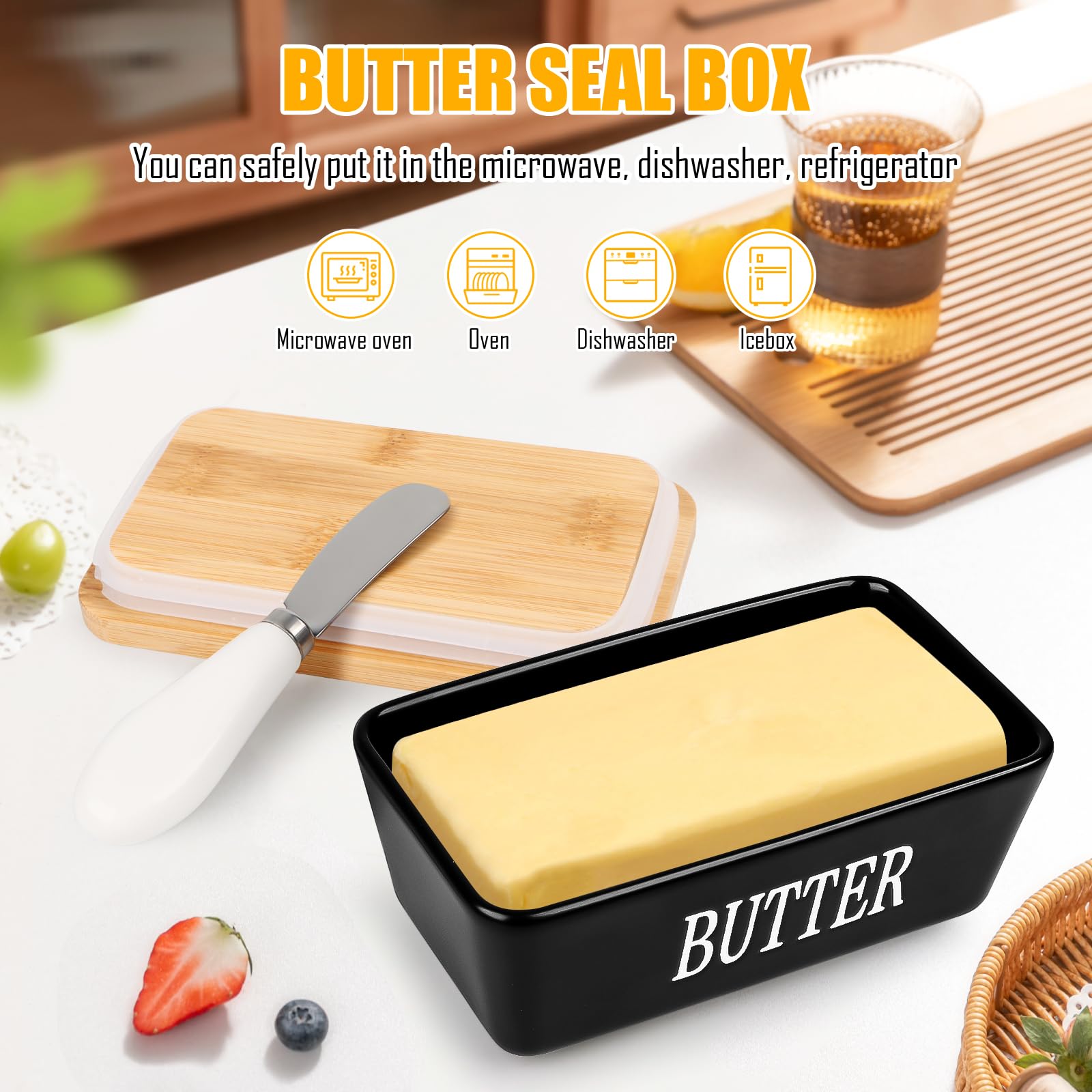 Beurrier Céramique Grand Format Avec Couvercle Bois + Couteau Inox – 250g – Blanc – Boîte à Beurre Hermétique Double Joint Silicone
