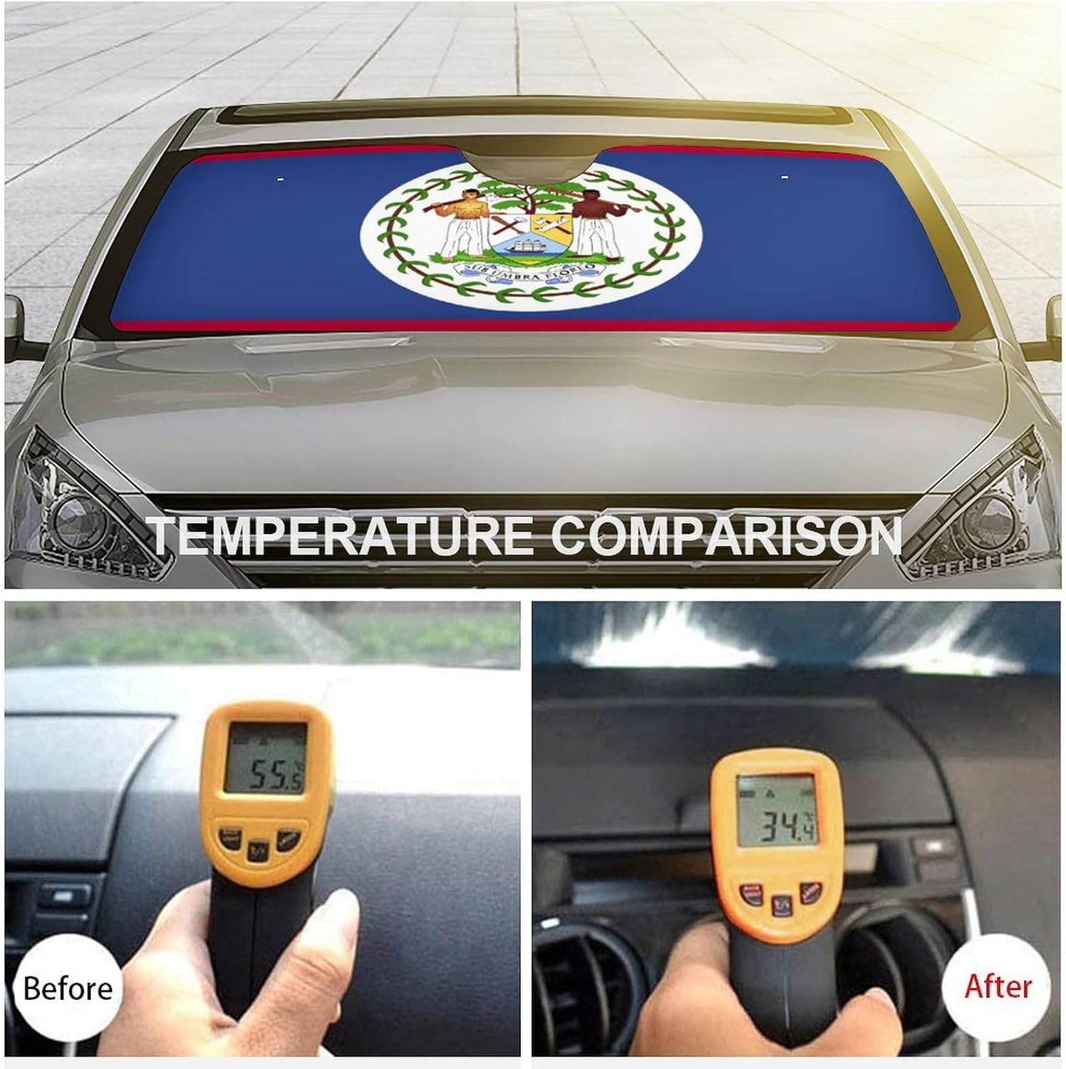 Front Windshield Sun Shade Belize Flag Car Sun Shade Auto Sunshade for Car Truck SUV Blocks UV Rays Keep Your Vehicle Cool 55"x30"