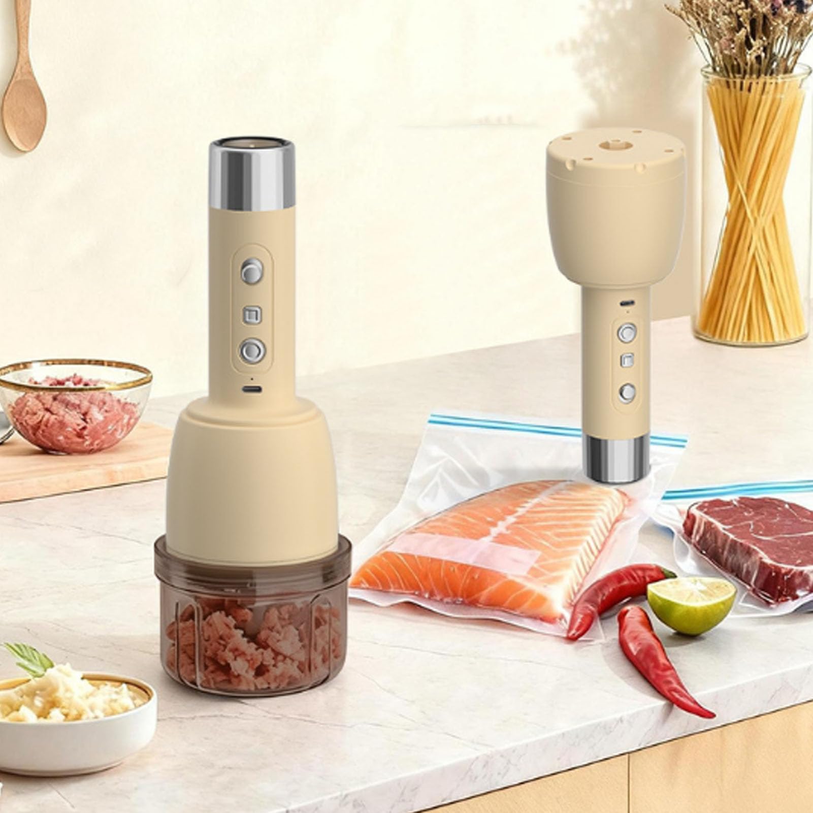 banapoy Molinillo de Carne Eléctrico y Sellador Al Vacío, Procesador y Sellador de Alimentos Portátil Inalámbrico 2 en 1, Picadora de Ajo Picadora de Alimentos de Mano con Motor de bajo Ruido Cuerpo