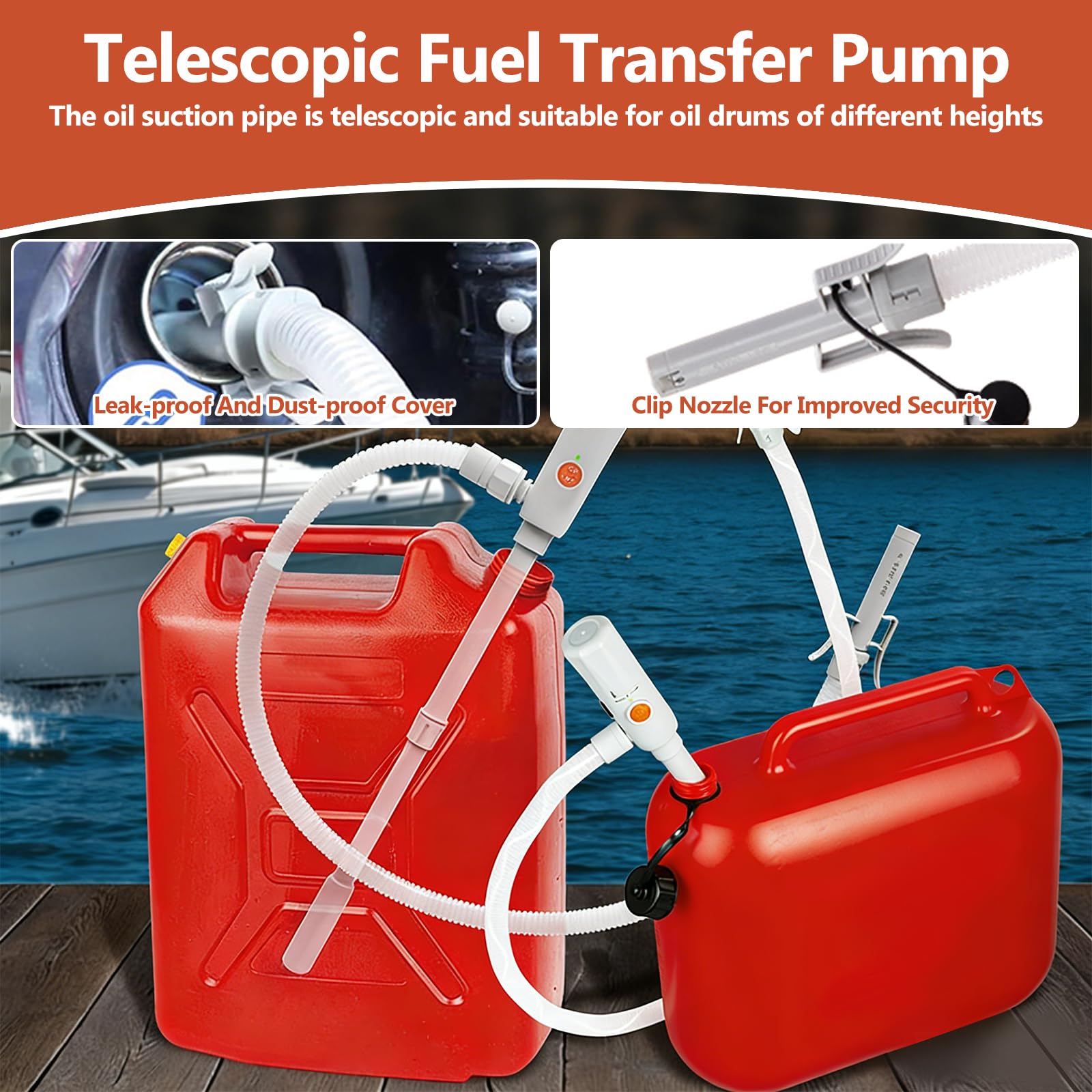 Benzinpumpe für Kanister 2.8GPM, Elektrische Transferpumpe Dieselpumpe Kraftstoffpumpe Akku mit Auto-Stopp-Sensor, Doppelte Stromversorgung (USB-C/AA), Dieselpumpe 30-43cm, 130cm Flexible Hose