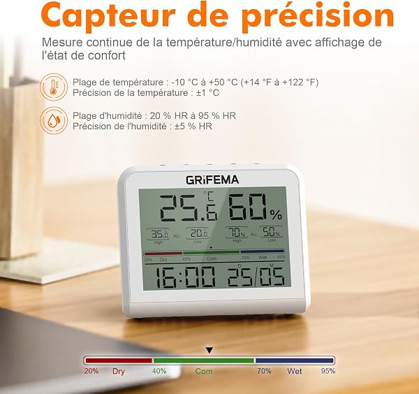 GRIFEMA GA2901, Digital Hygrometer Indoor Thermometer, Humidity Meter with Backlight, Max/Min Recording, Clock/Date Display, Ideal for Home/Greenhouse, White - 3