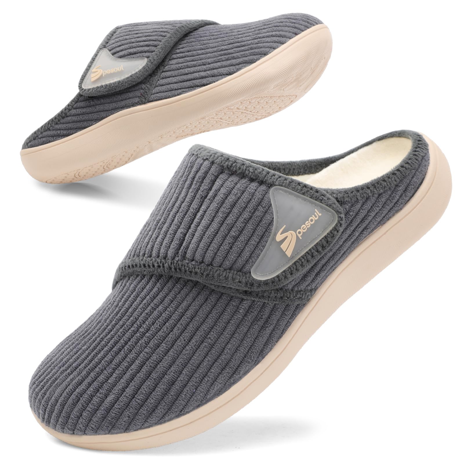 Spesoul Wide Womens Slippers Adjustable Diabetic Shoes Fuzzy Rubber Soles House Shoes Indoor Outdoor Slippers for Home Bedroom
