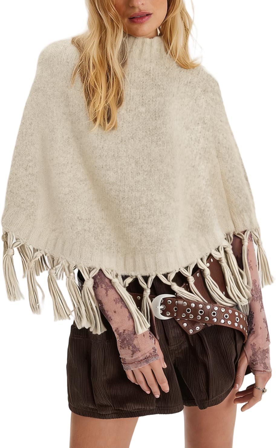 Women Fringe Knitted Poncho Sweater Y2k Mock Neck Asymmetrical Hem Cropped Tassel Shawl Fall Winter Cozy Wrap Sweater